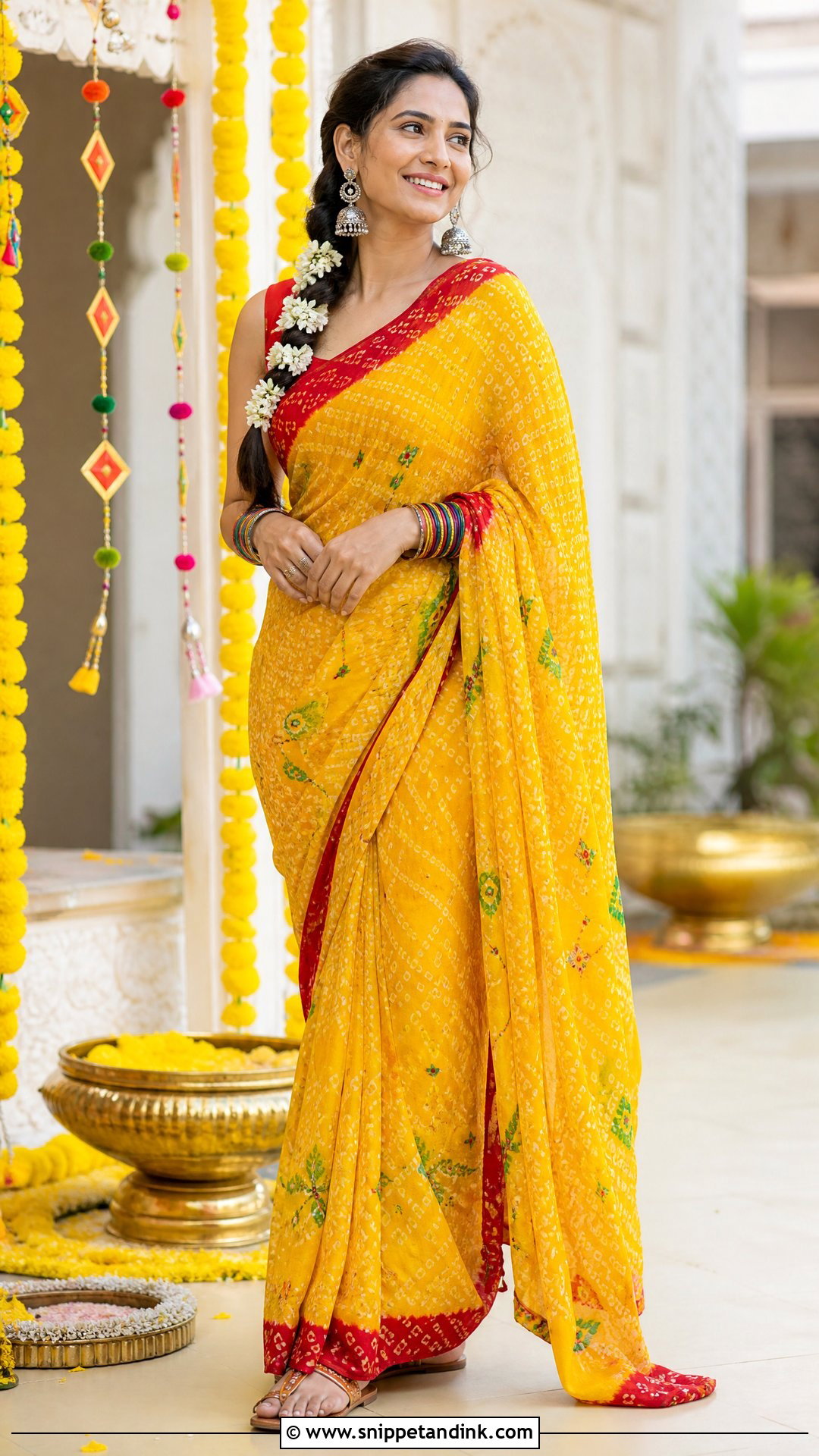 Yellow Bandhani Saree for Haldi Function - Snippet and Ink - 20 Yellow Dress for Haldi Function for Sister Ideas