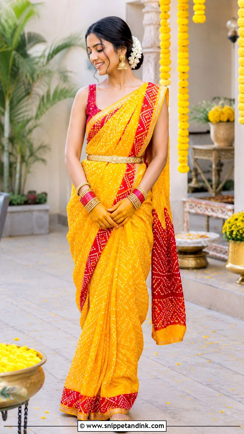 Yellow Bandhani Saree for Sister - Snippet and Ink - 20 Yellow Haldi Ceremony Outfit for Sister Ideas