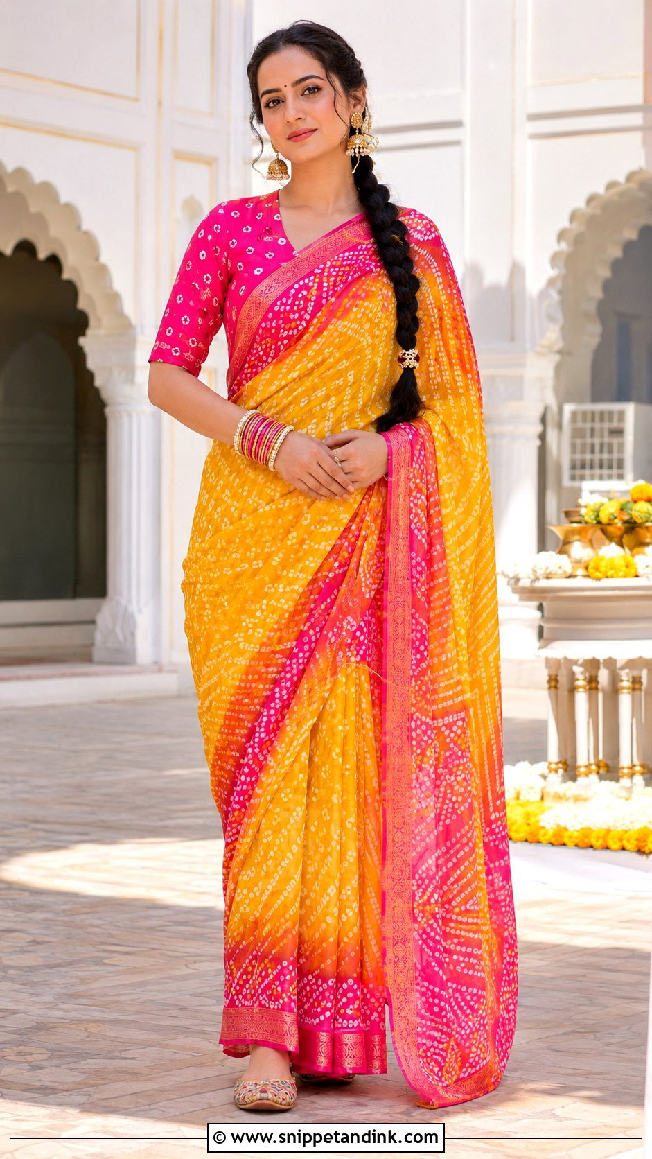 Yellow Bandhani Sari Haldi Outfit - Snippet and Ink - 20 Haldi Inspo Outfit Ideas
