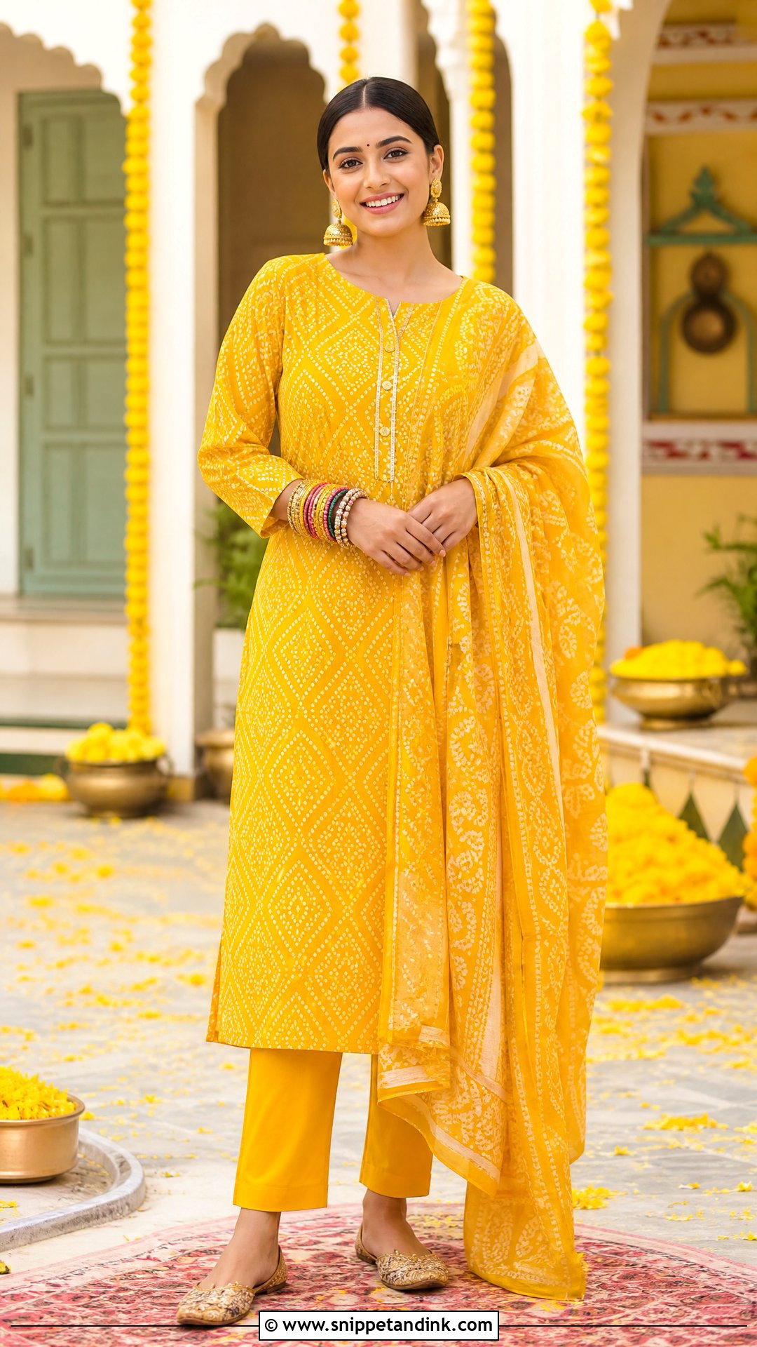 Yellow Bandhani Suit With Matching Dupatta - Snippet and Ink - 25 Simple Yellow Dress for Haldi Function Ideas