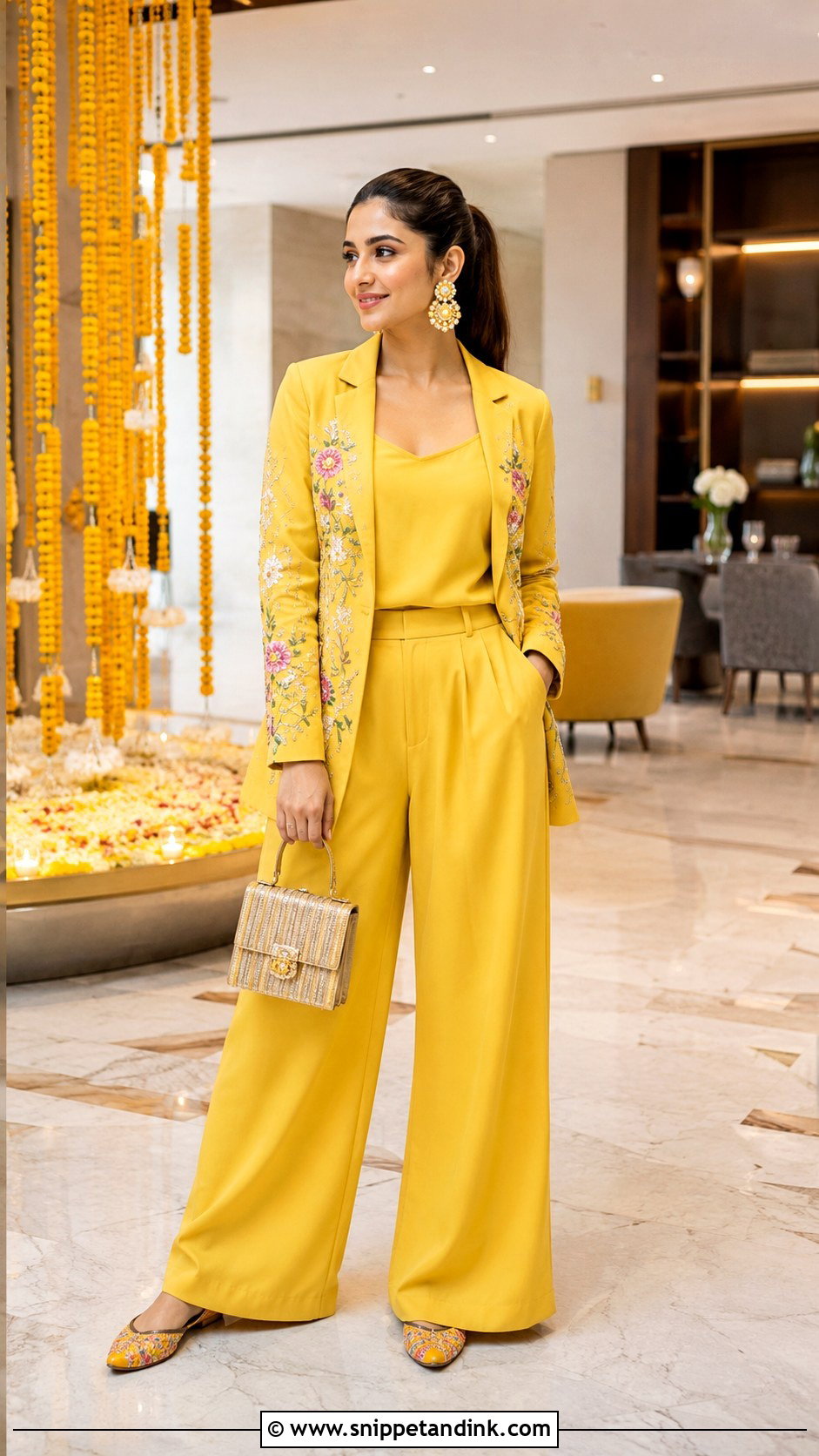 Yellow Blazer And Wide Leg Pants Haldi Outfit - Snippet and Ink - 20 Haldi Western Outfit Ideas