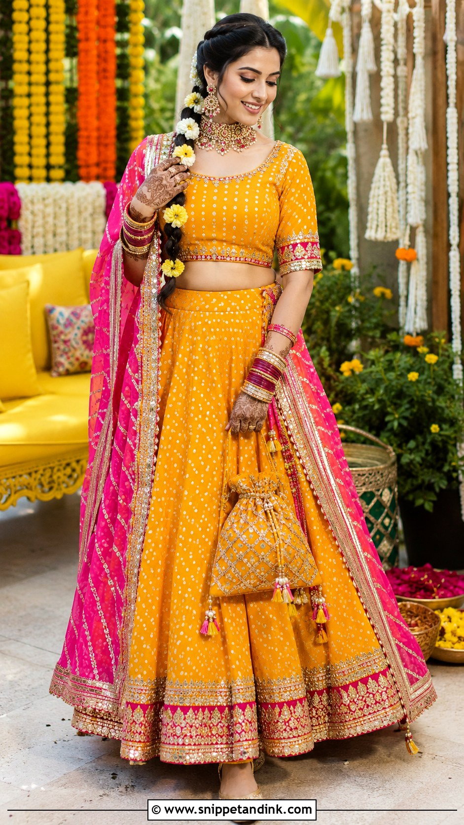 Yellow Bridal Bandhani Lehenga With Pink Dupatta - Snippet and Ink - 20 Yellow Bride Ideas
