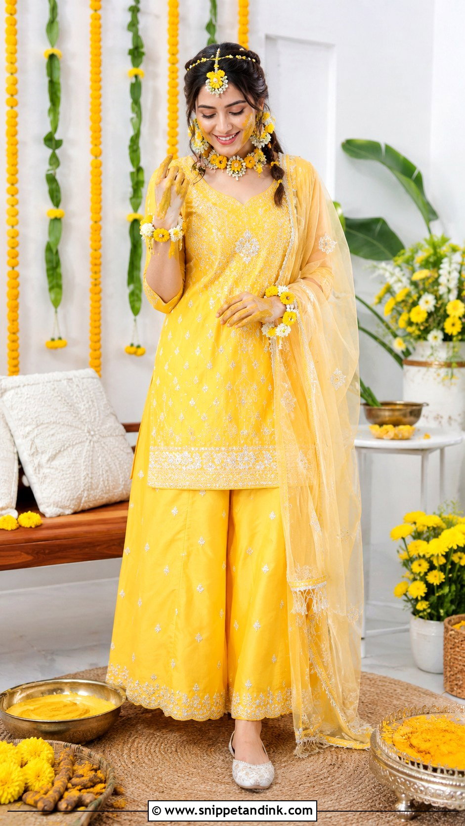 Yellow Bridal Haldi Kurta Palazzo - Snippet and Ink - 25 Bridal Haldi Dress Ideas