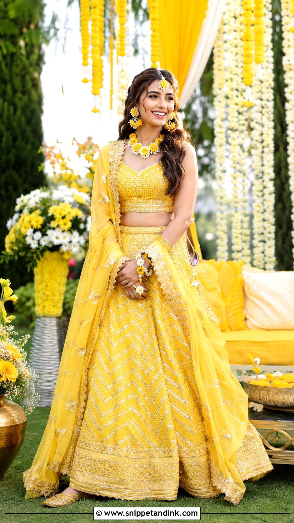 Yellow Bridal Lehenga With Floral Jewelry - Snippet and Ink - 25 Indian Weddings Bridal Lehnga Dress Ideas