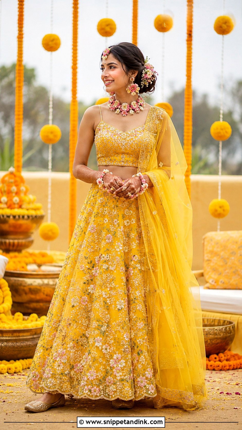 Yellow Bridal Lehenga With Floral Jewelry - Snippet and Ink - 20 Yellow Bride Ideas