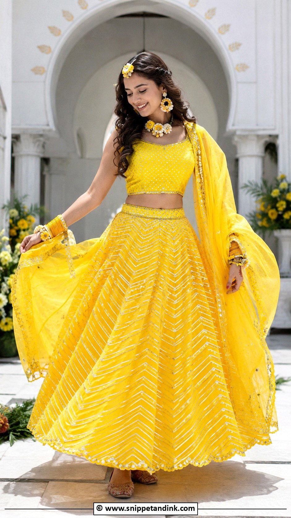 Yellow Bridal Lengha With Floral Jewelry - Snippet and Ink - 30 Bridal Lengha Ideas