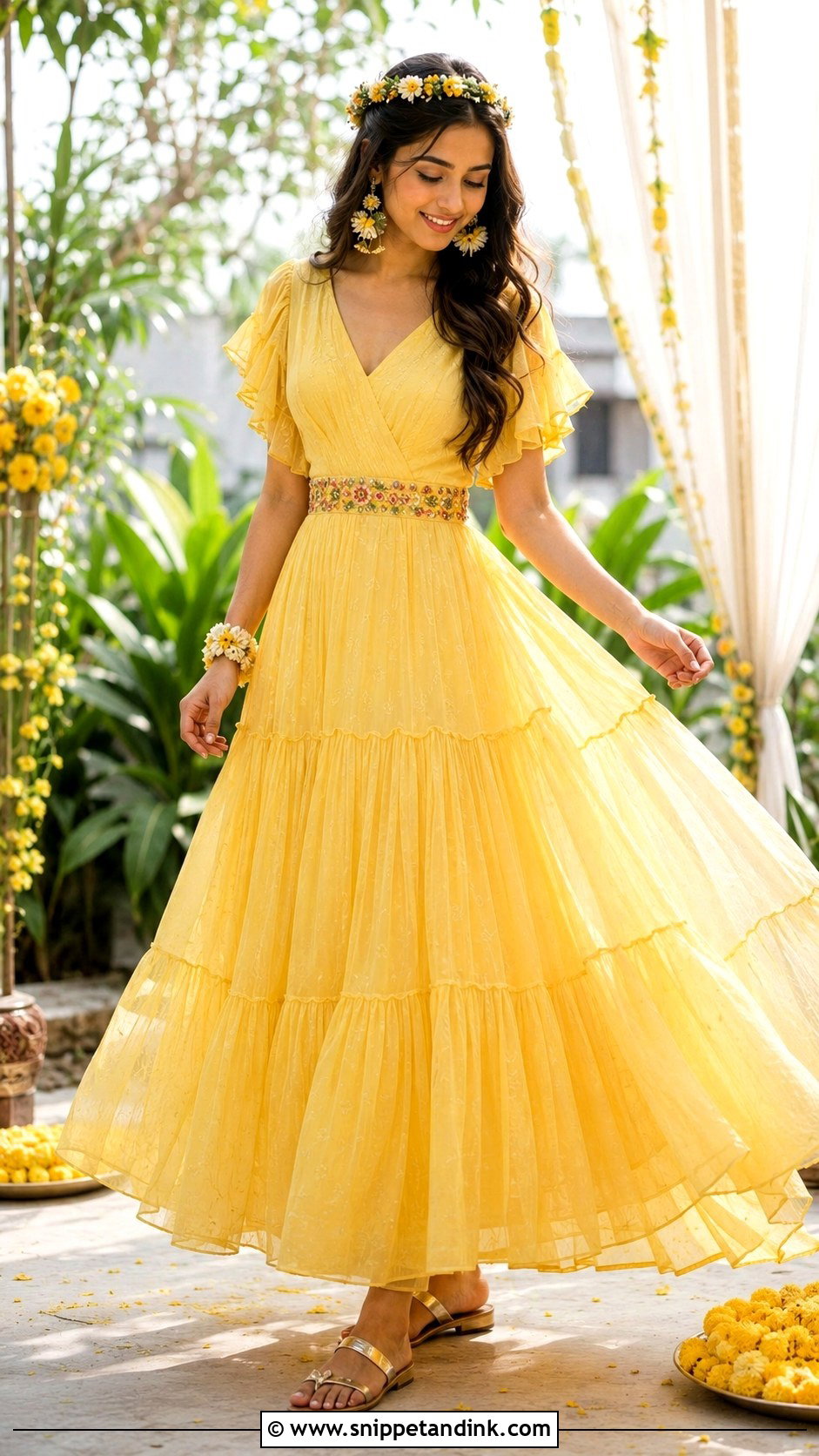 Yellow Bridal Maxi Dress With Floral Accessories - Snippet and Ink - 20 Yellow Bride Ideas
