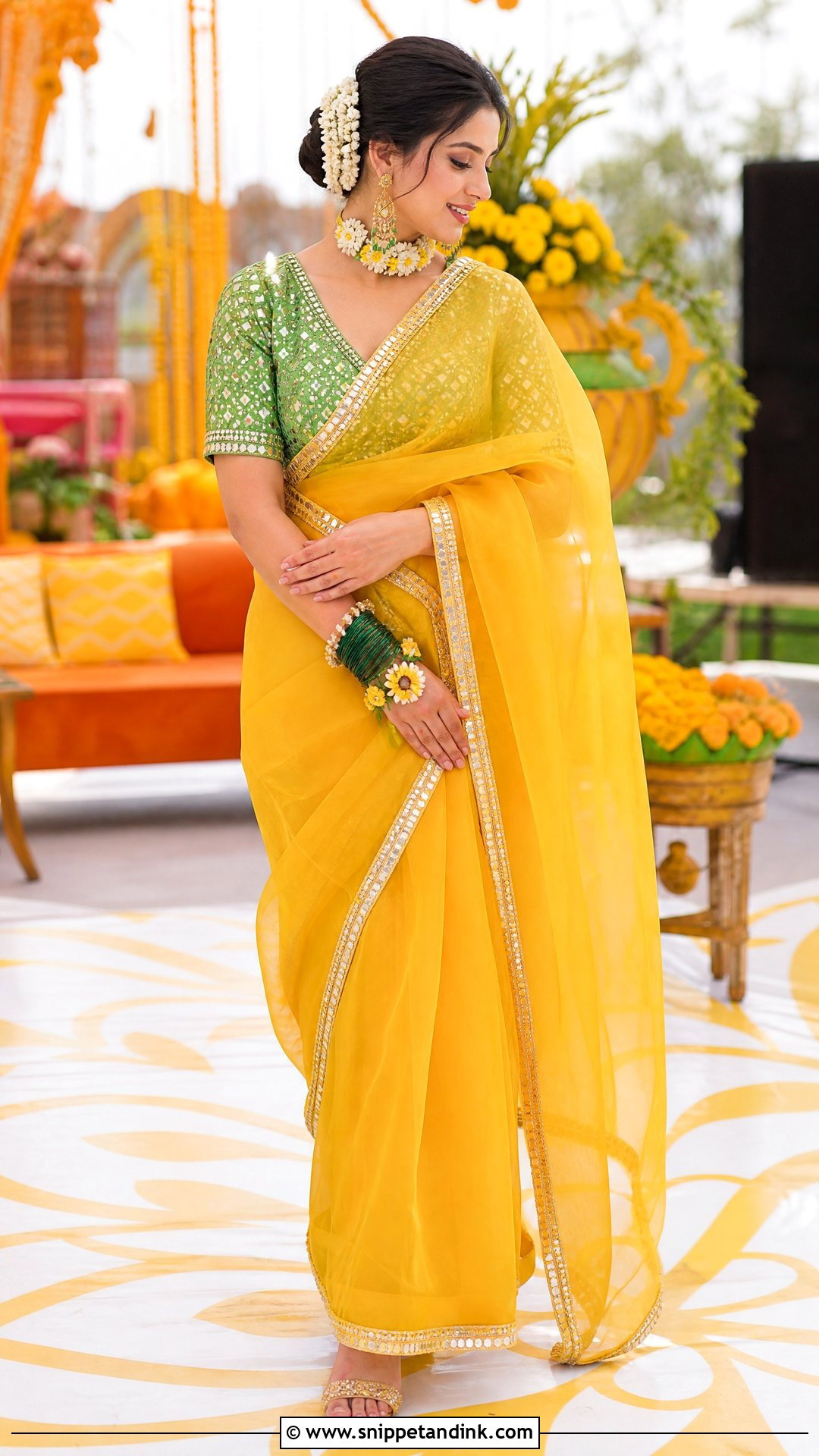 Yellow Bridal Mehndi Sari - Snippet and Ink - 20 Pakistani Bridal Mehndi Dress Ideas