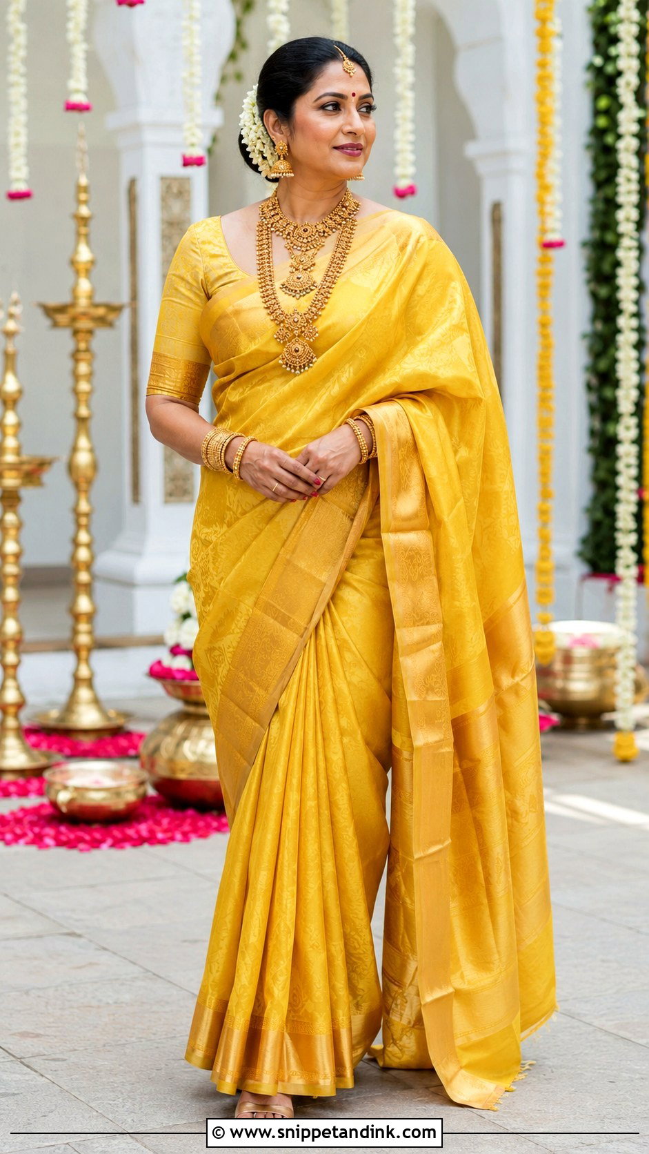 Yellow Bridal Saree With Gold Temple Jewelry - Snippet and Ink - 20 Yellow Bride Ideas