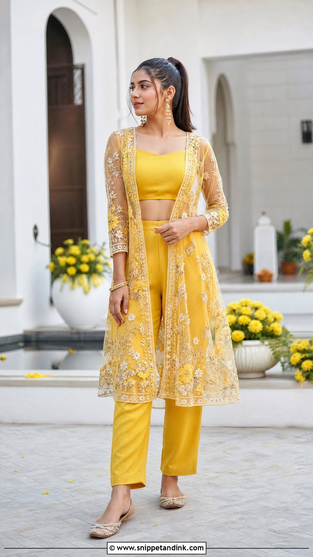 Yellow Cape And Pants Haldi Dress - Snippet and Ink - 20 Simple Haldi Dress Ideas for Sisters