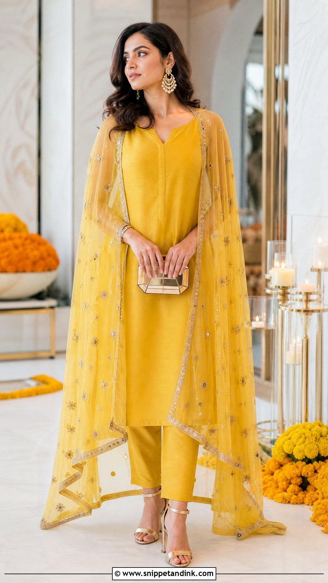 Yellow Cape Dress With Straight Pants - Snippet and Ink - 25 Simple Yellow Dress for Haldi Function Ideas