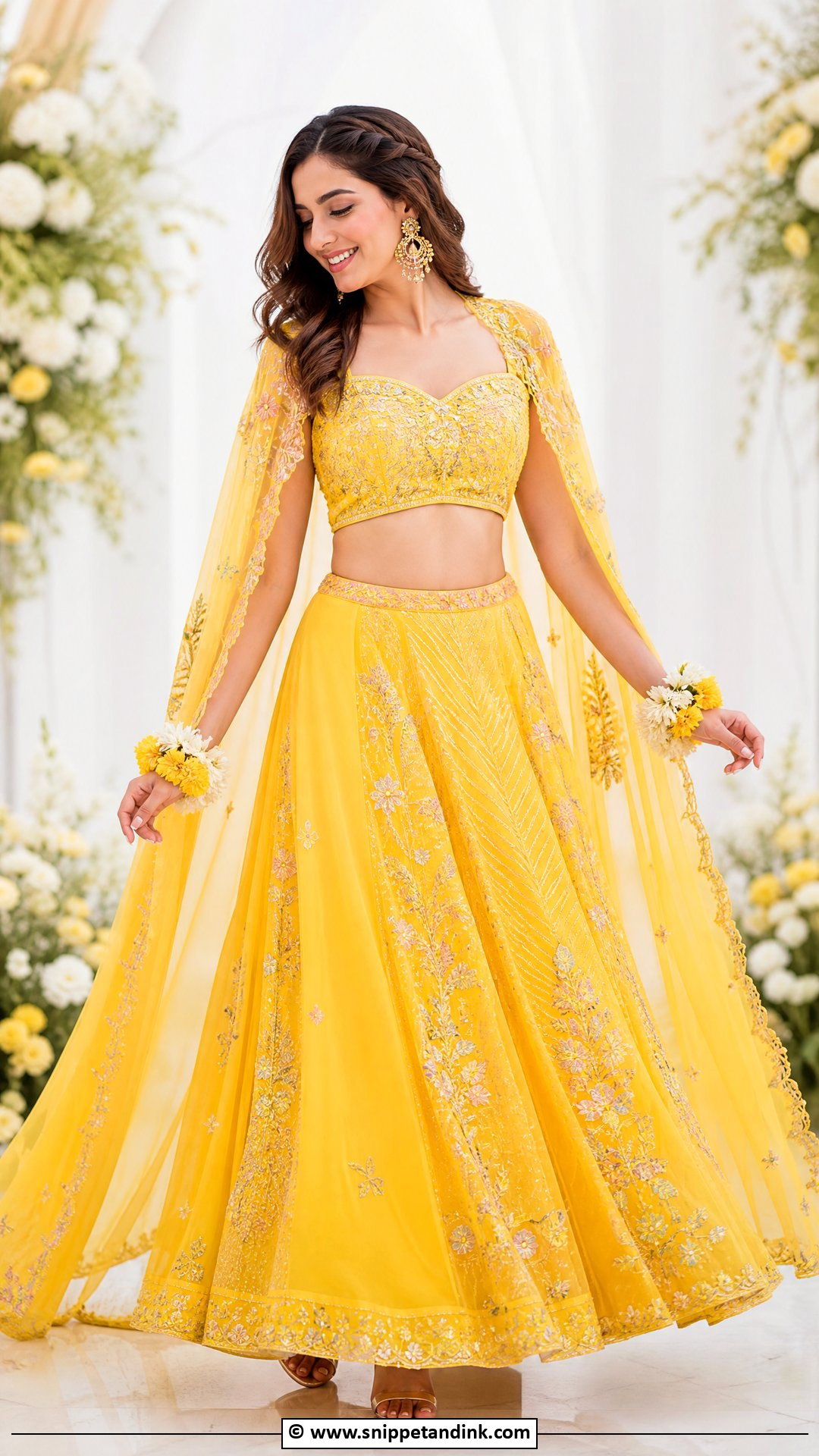 Yellow Cape Lehenga For Haldi Ceremony - Snippet and Ink - 35 Haldi Ceremony Outfit for Bride Ideas
