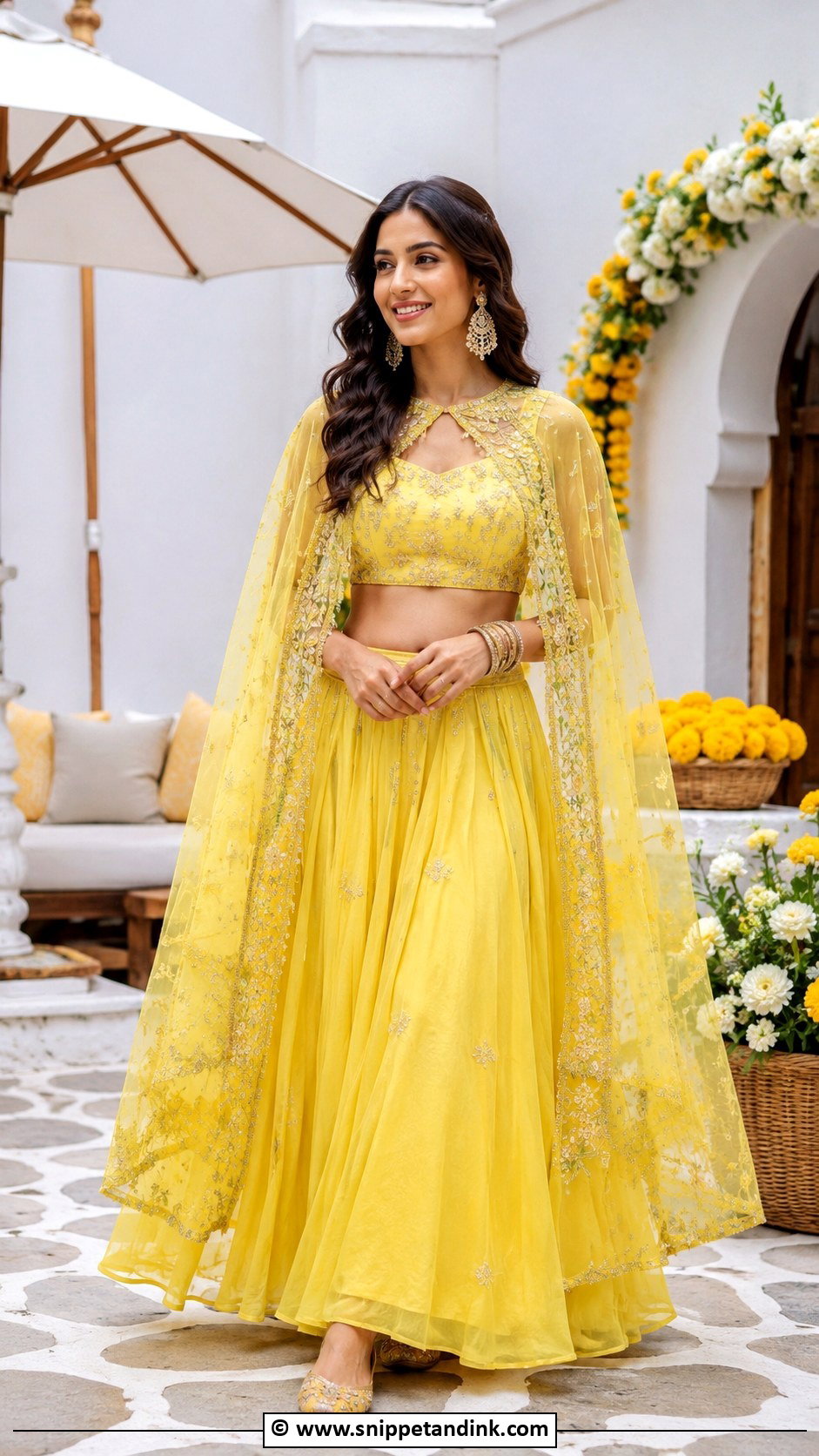 Yellow Cape Lehenga For Haldi - Snippet and Ink - 30 Indian Haldi Ceremony Outfit for Sister Ideas