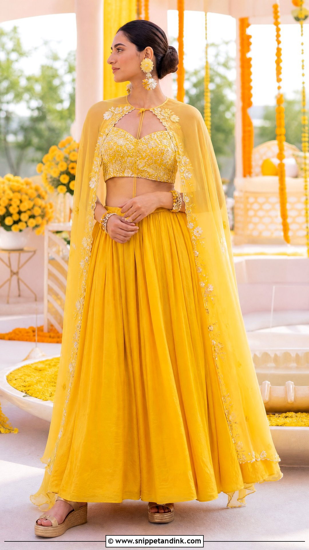 Yellow Cape Lehenga Haldi Outfit - Snippet and Ink - 20 Women Haldi Outfit Ideas