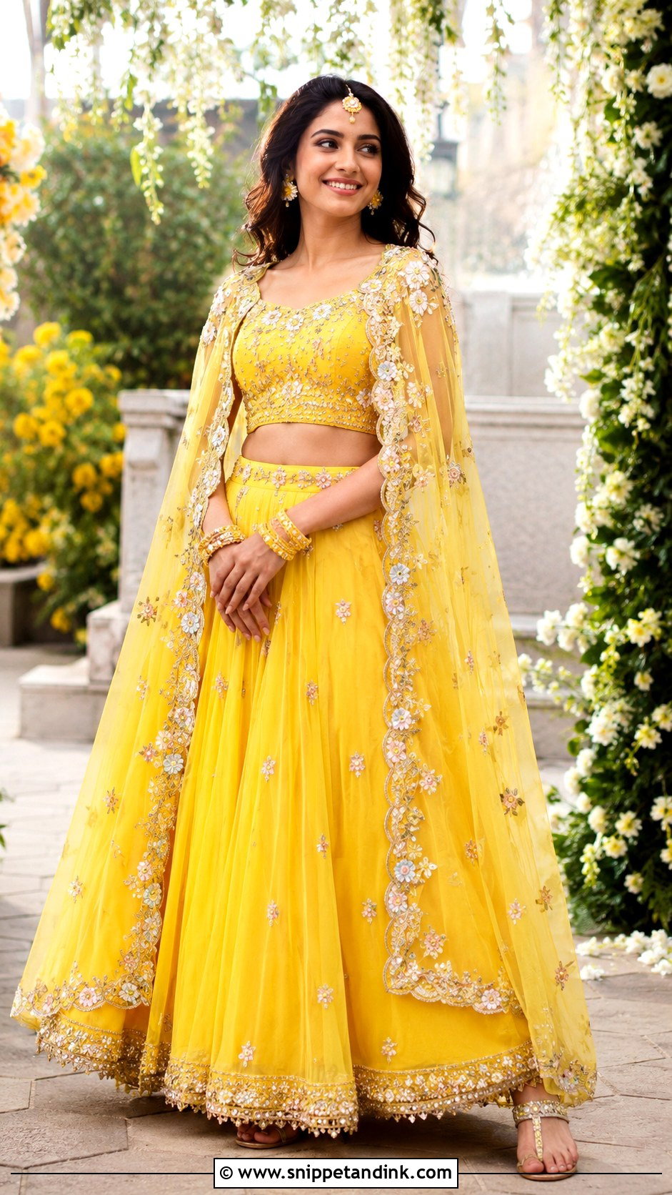 Yellow Cape Lehenga Haldi Outfit - Snippet and Ink - 20 Indian Bride Haldi Outfit Ideas