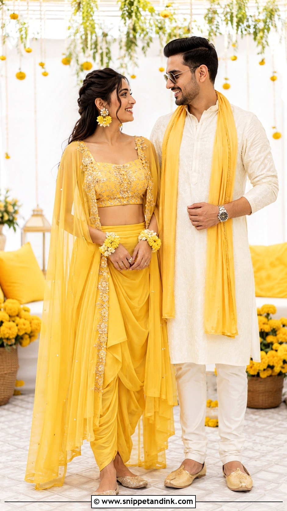 Yellow Cape Set And Ivory Kurta Haldi Couple Outfit - Snippet and Ink - 25 Haldi Couple Outfits