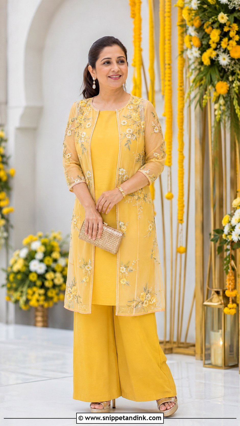 Yellow Cape and Palazzo Haldi Outfit for Mom - Snippet and Ink - 20 Haldi Outfit for Mom Ideas