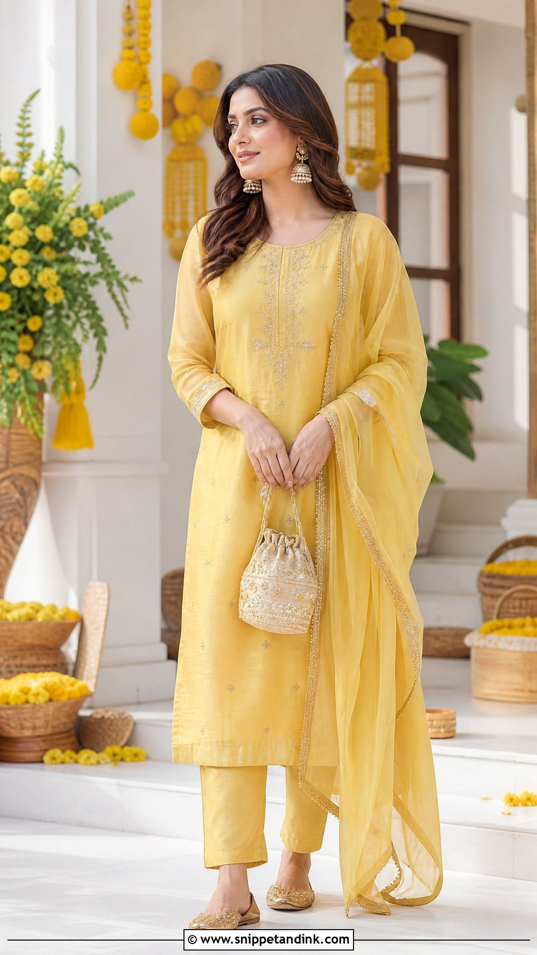 Yellow Chanderi Kurta With Straight Pants - Snippet and Ink - 25 Simple Yellow Dress for Haldi Function Ideas