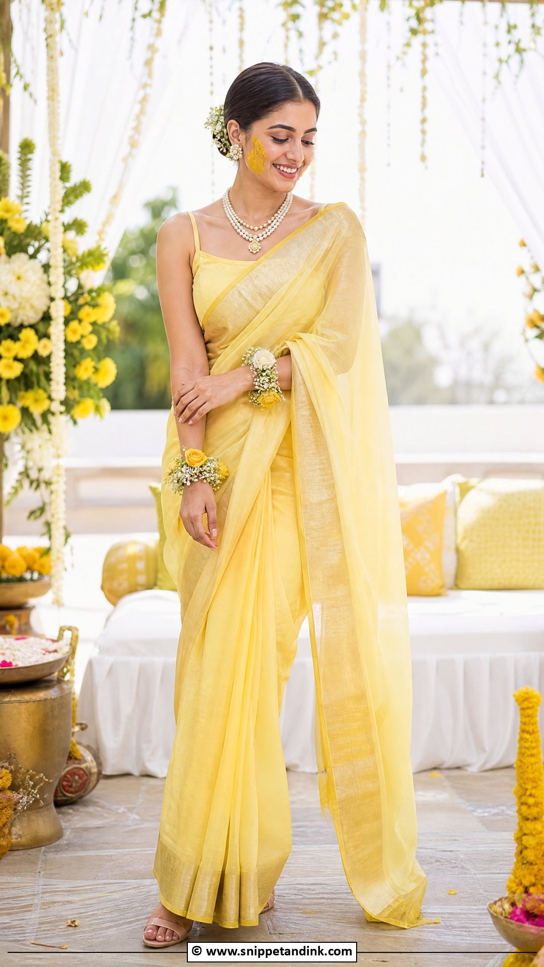 Yellow Chanderi Saree For Haldi Ceremony - Snippet and Ink - 35 Haldi Ceremony Outfit for Bride Ideas