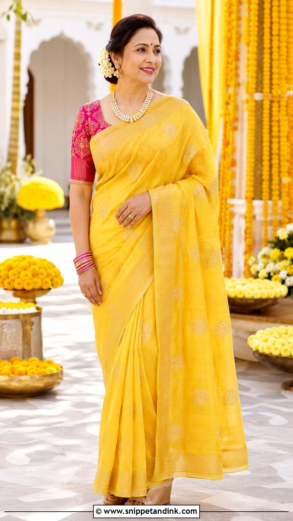 Yellow Chanderi Saree Haldi Outfit for Mom - Snippet and Ink - 20 Haldi Outfit for Mom Ideas