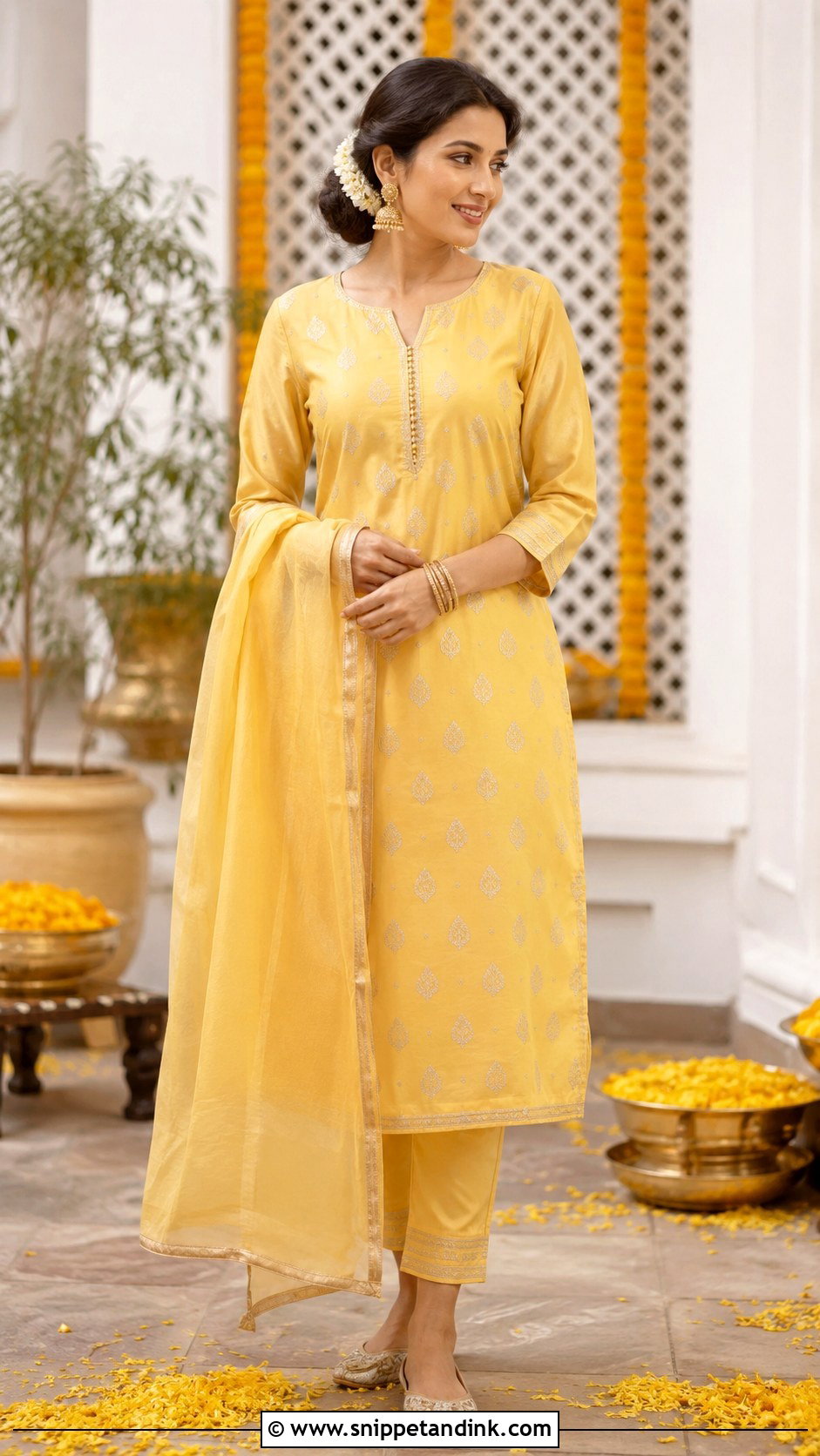 Yellow Chanderi Suit for Sister - Snippet and Ink - 20 Yellow Haldi Ceremony Outfit for Sister Ideas