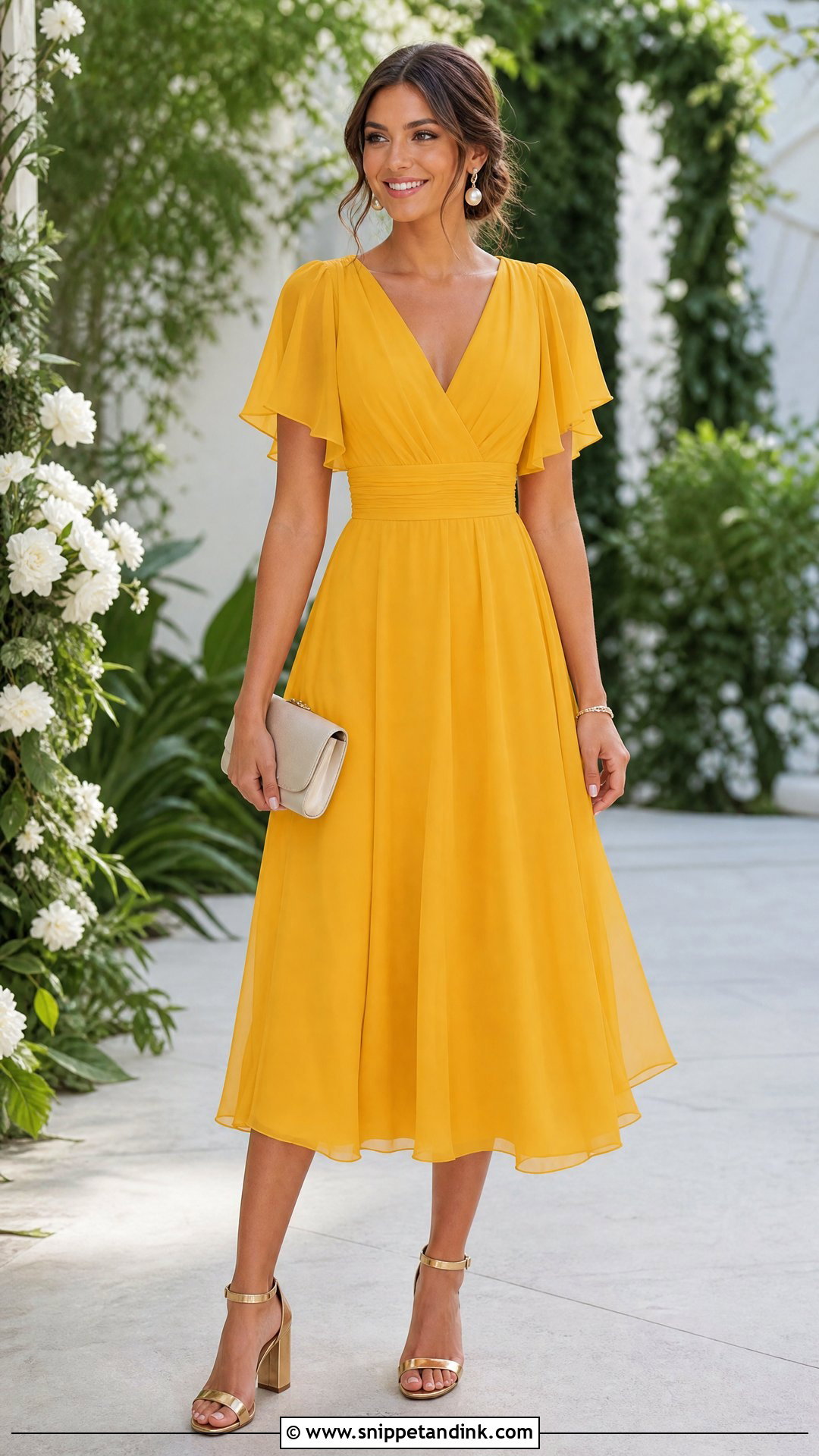 Yellow Chiffon Dress With Golden Heels - Snippet and Ink - 25 Golden Heels Wedding Ideas