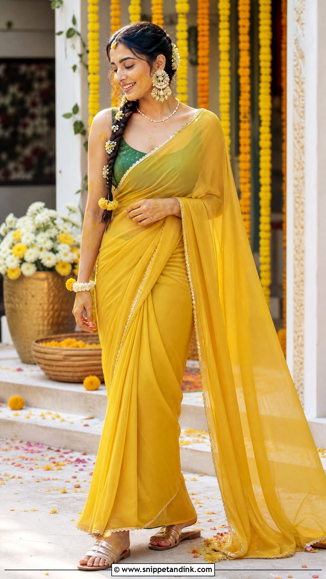Yellow Chiffon Saree Haldi Outfit - Snippet and Ink - 25 Simple Haldi Outfit for Bride Ideas