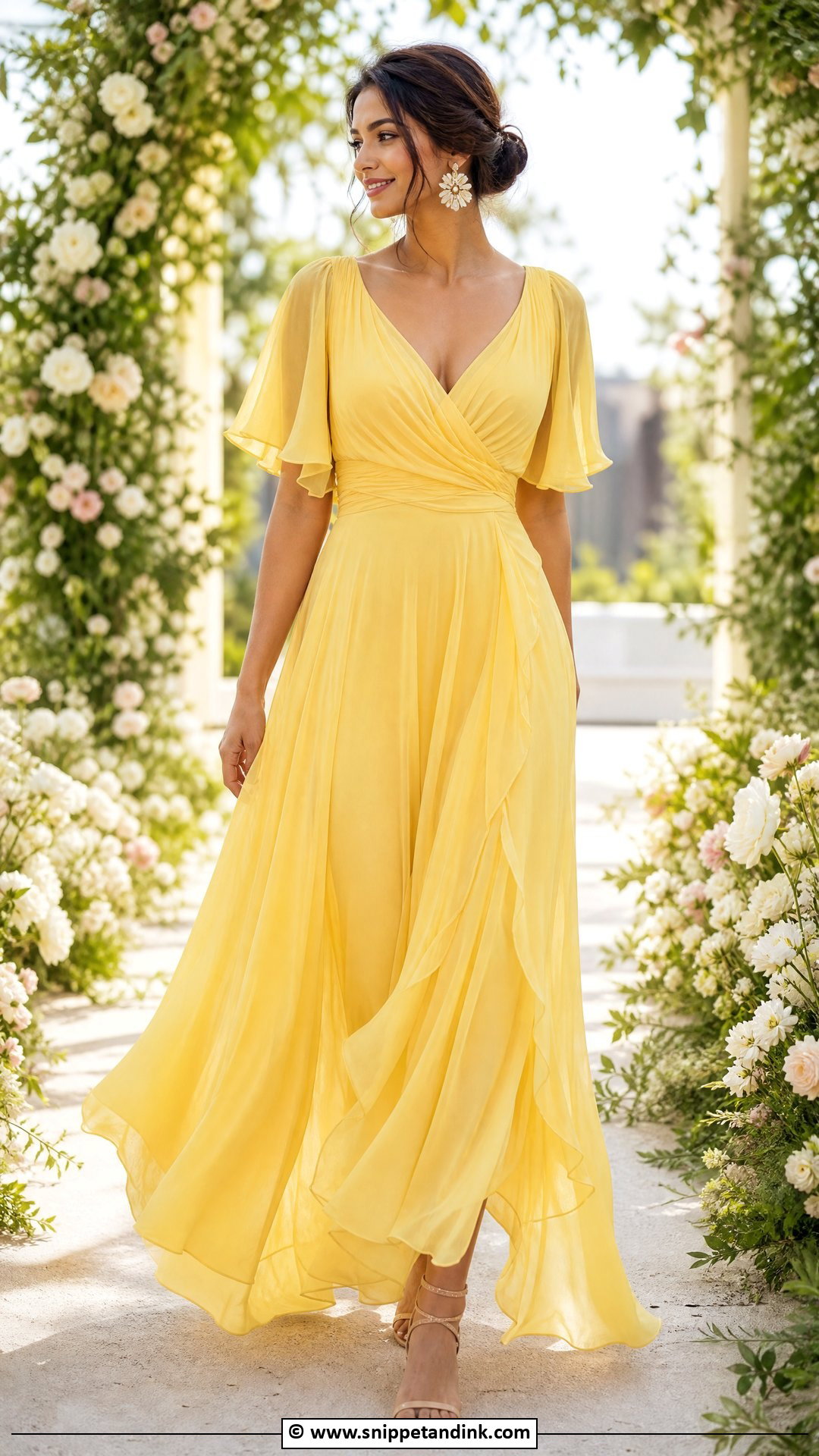 Yellow Chiffon Wedding Dress With Floral Earrings - Snippet and Ink - 30 Yellow Wedding Dress Ideas
