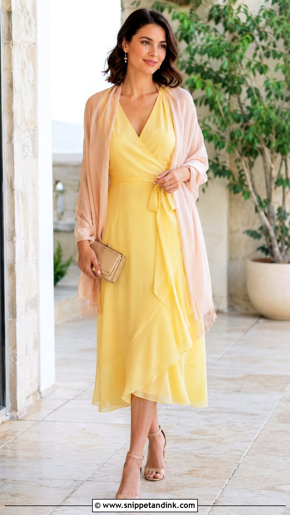 Yellow Chiffon Wrap Dress Wedding Outfit - Snippet and Ink - 25 Yellow Dress Outfit Wedding Ideas