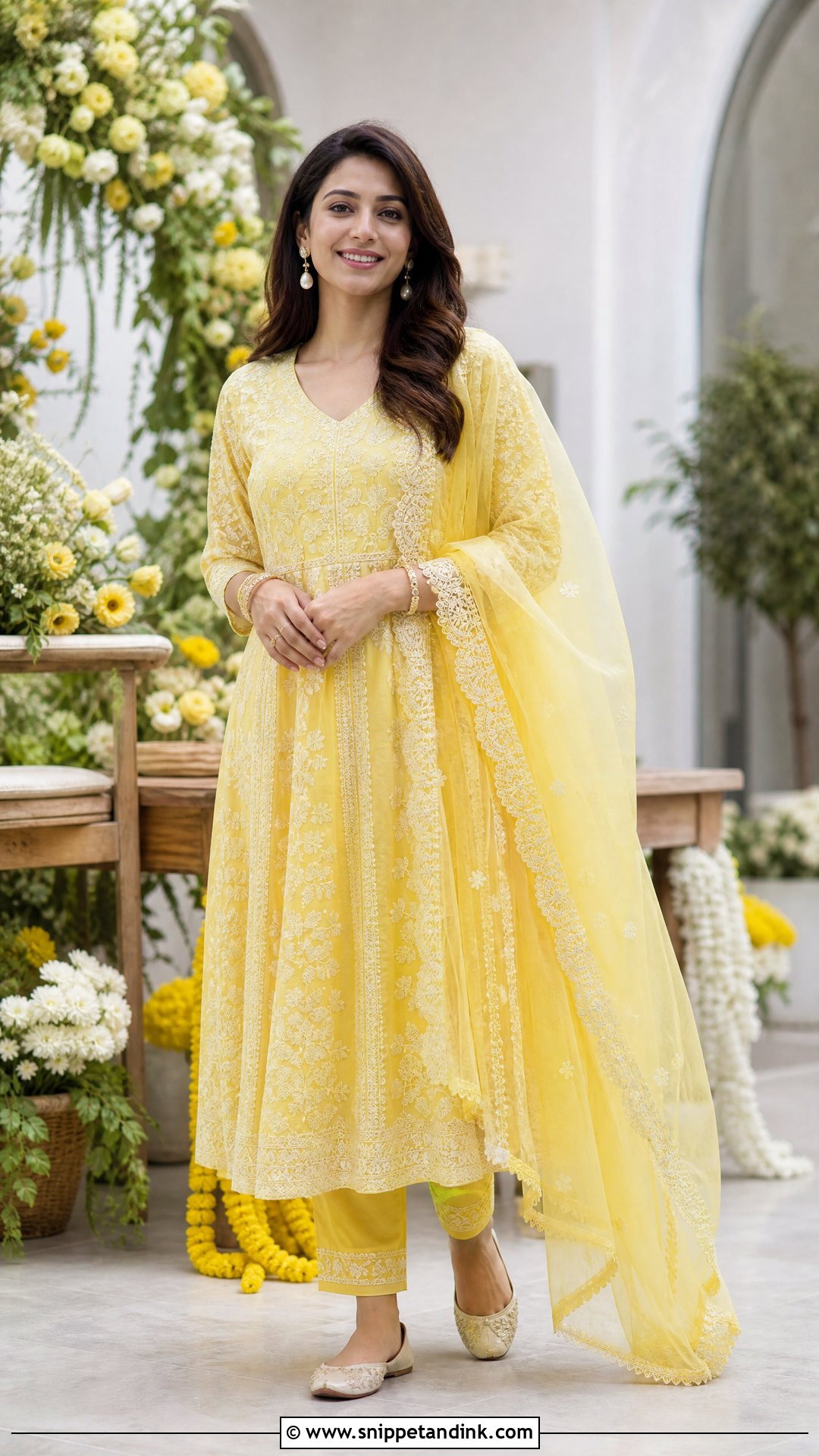 Yellow Chikankari Anarkali With Juttis - Snippet and Ink - 25 Simple Yellow Dress for Haldi Function Ideas