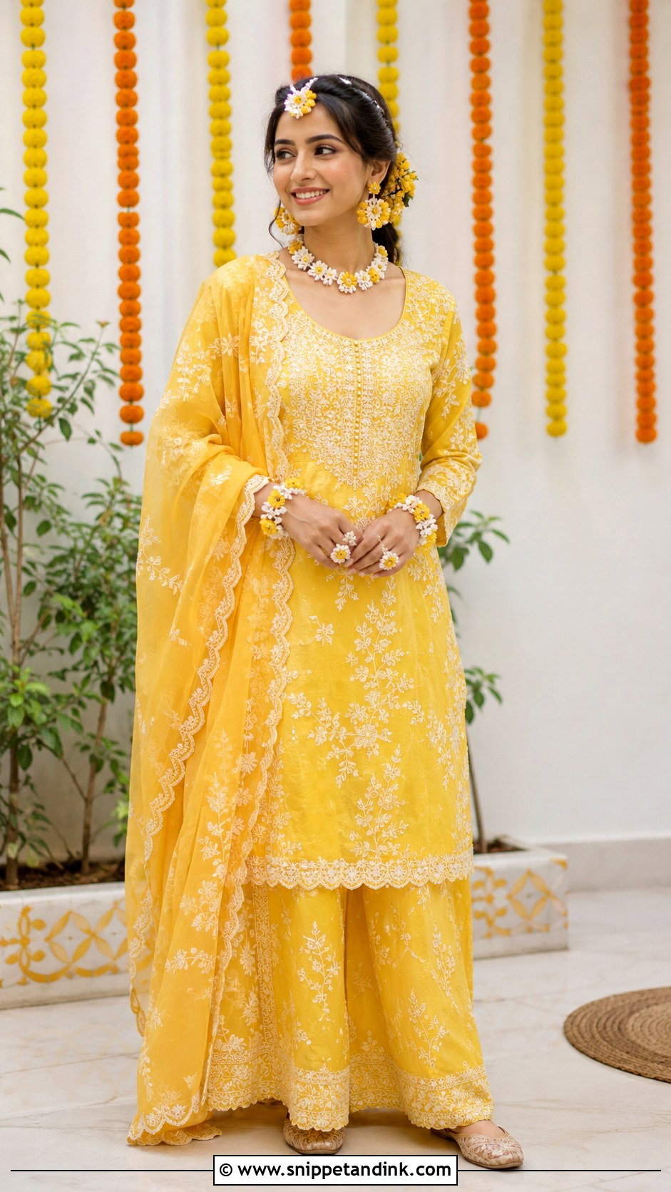 Yellow Chikankari Haldi Kurta Set - Snippet and Ink - 30 Indian Bridal Haldi Outfit Ideas