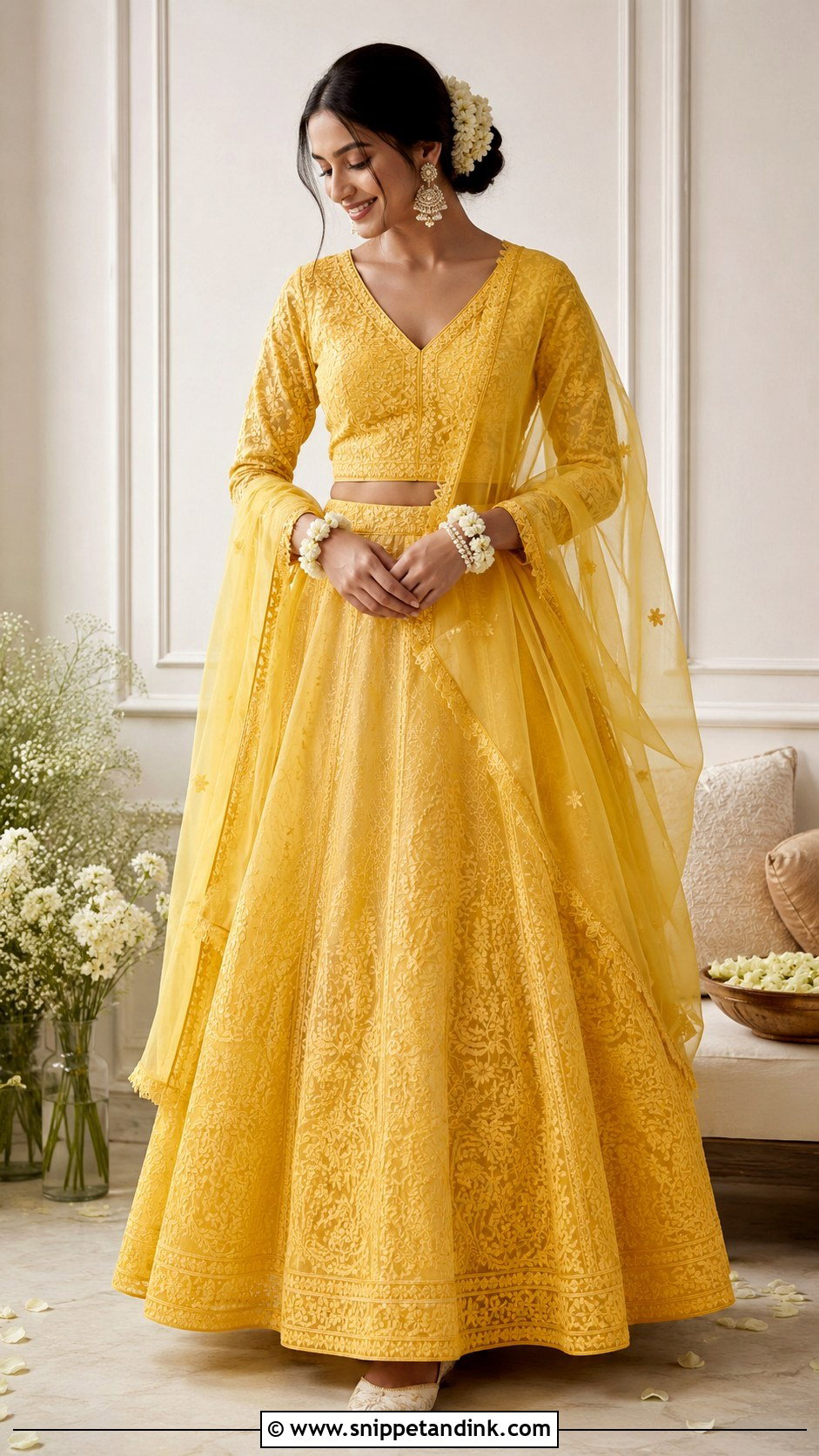 Yellow Chikankari Haldi Lehenga - Snippet and Ink - 20 Haldi Lengha Ideas