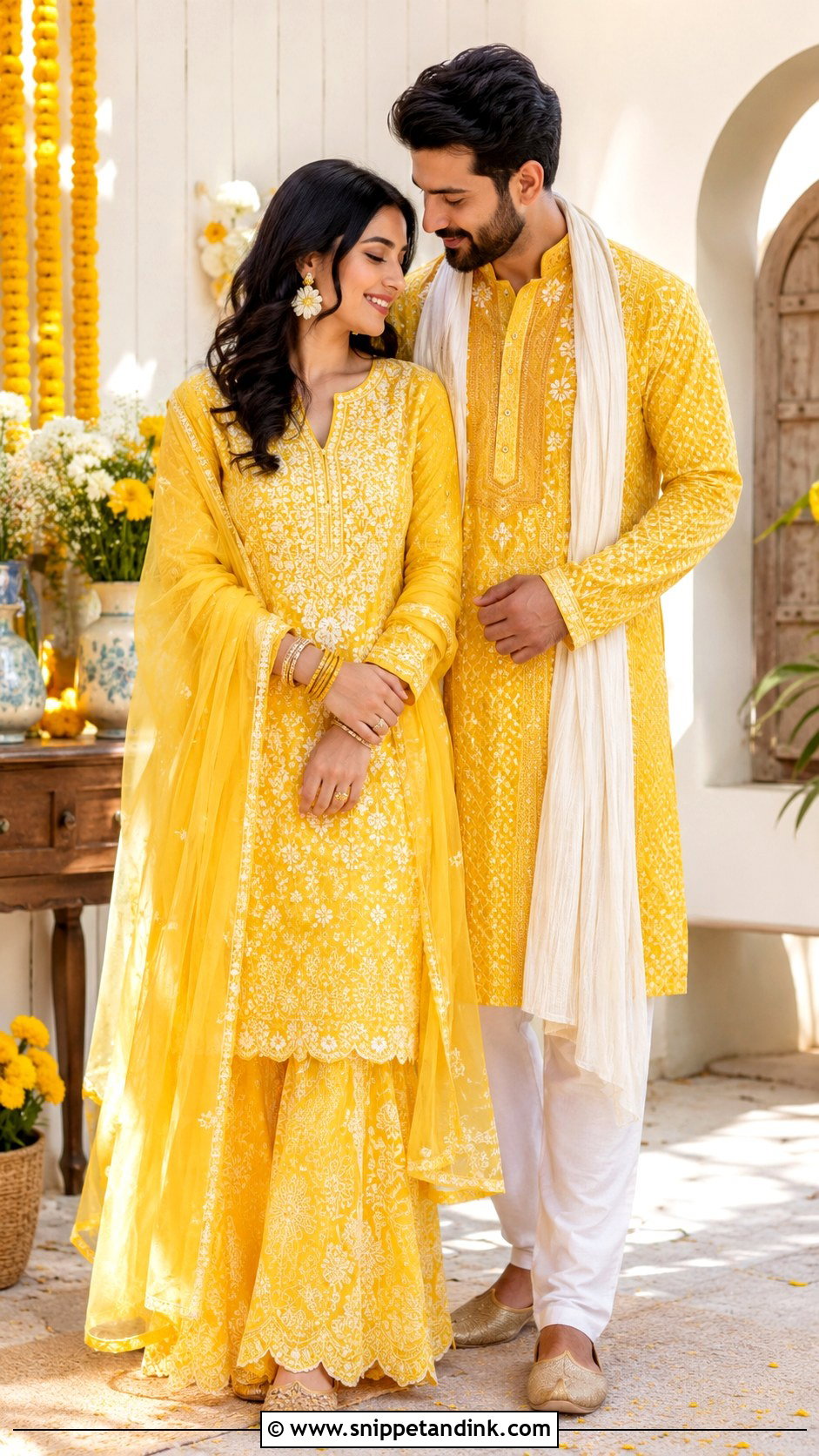 Yellow Chikankari Haldi Outfits For Couple - Snippet and Ink - 20 Haldi Outfits for Couple