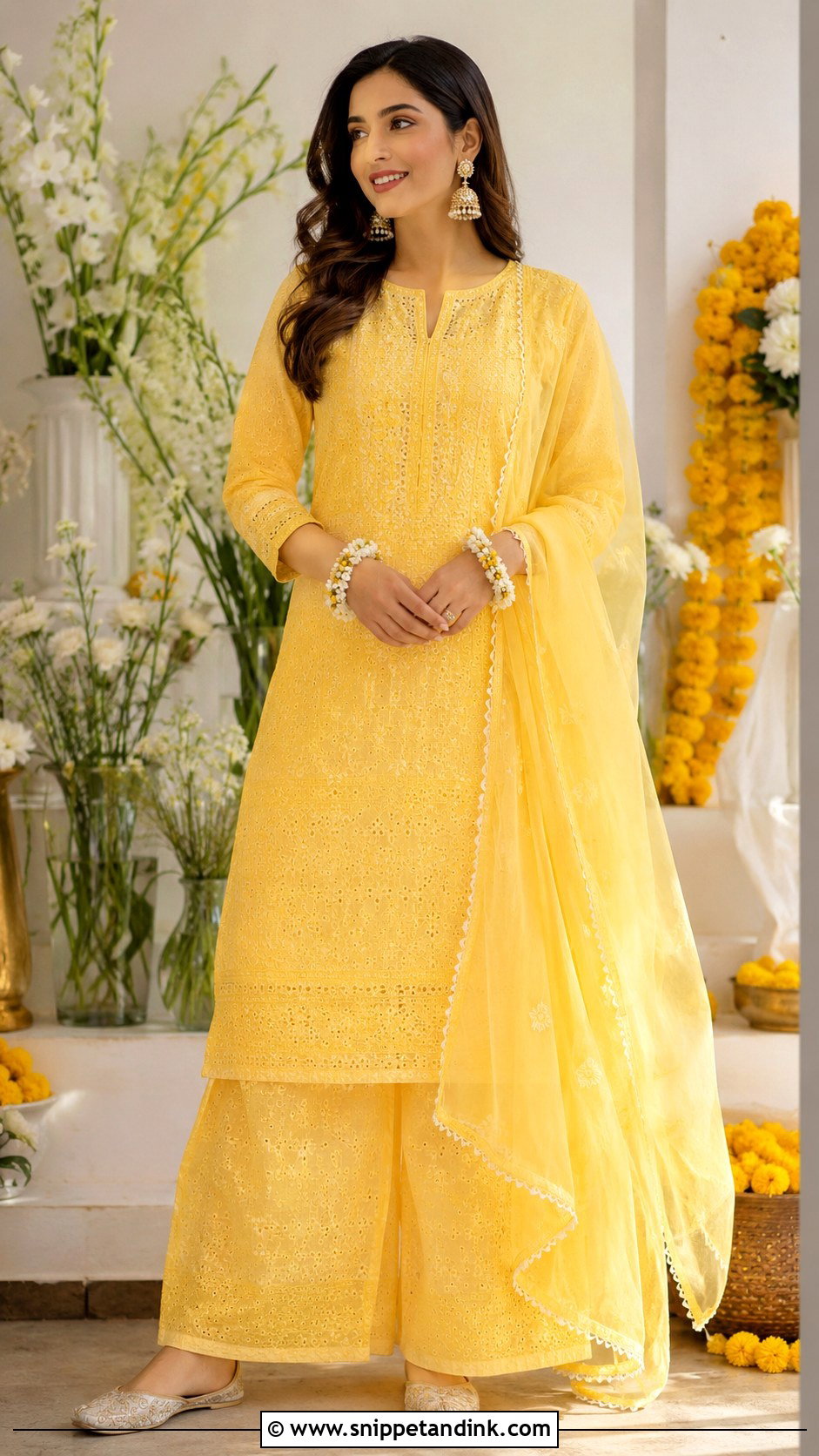 Yellow Chikankari Kurta Palazzo Haldi Outfit - Snippet and Ink - 20 Haldi Traditional Outfit Ideas
