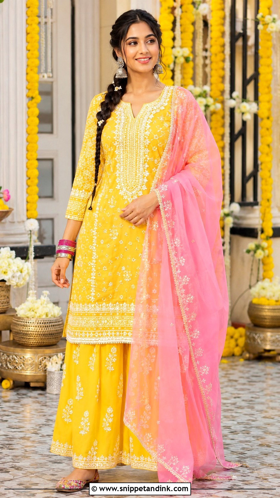 Yellow Chikankari Kurta Palazzo Haldi Outfit - Snippet and Ink - 20 Haldi Outfits Ideas