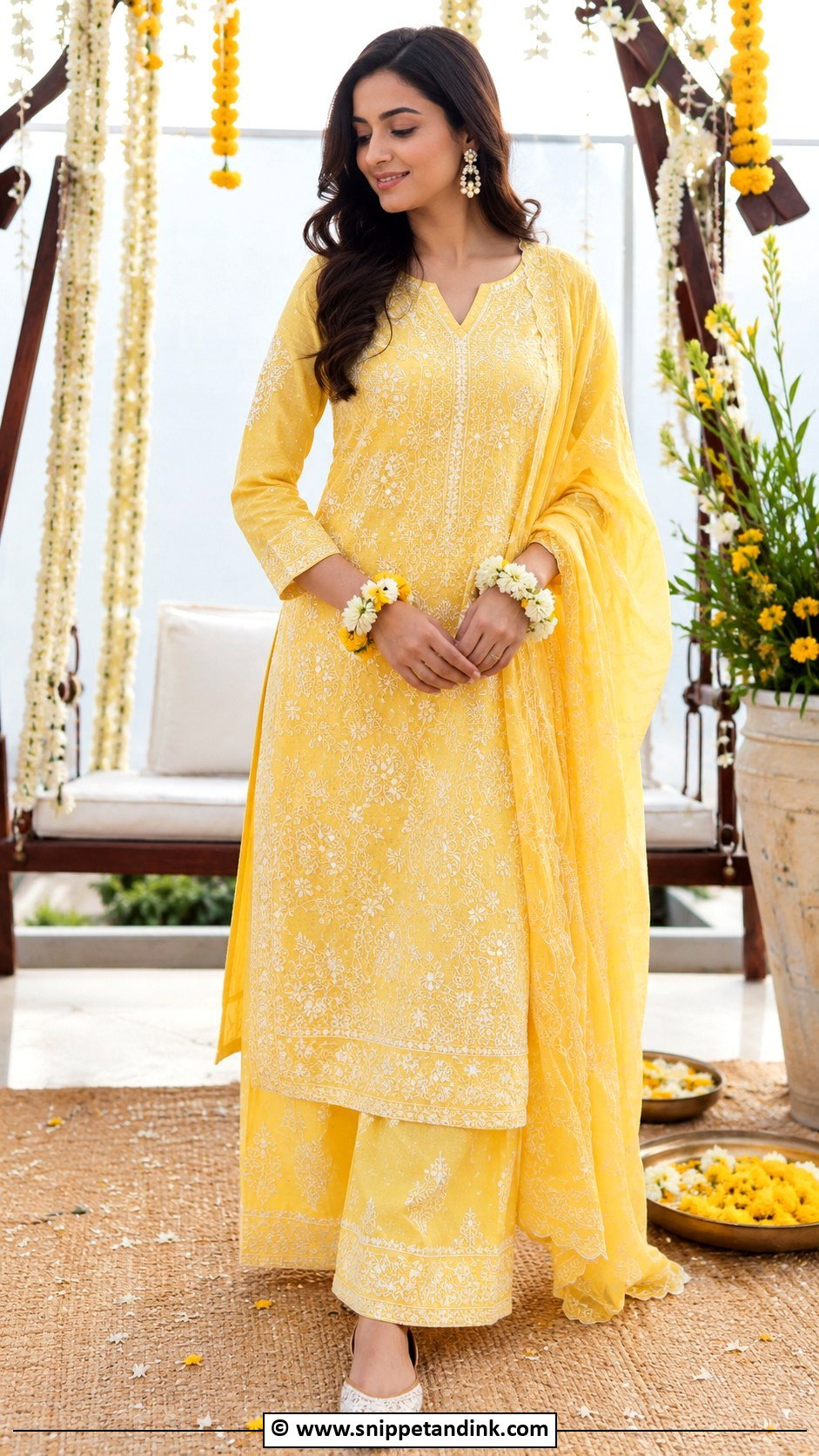 Yellow Chikankari Kurta Set For Haldi - Snippet and Ink - 25 Haldi Mehndi Outfit Ideas