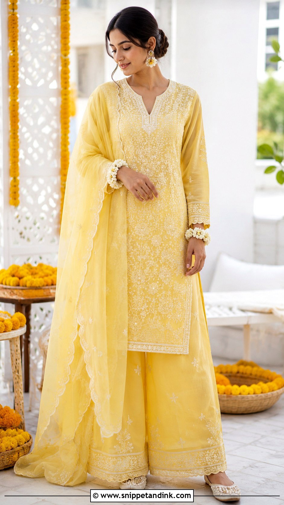 Yellow Chikankari Kurta Set for Haldi - Snippet and Ink - 20 Haldi Mehendi Outfit for Bride Ideas