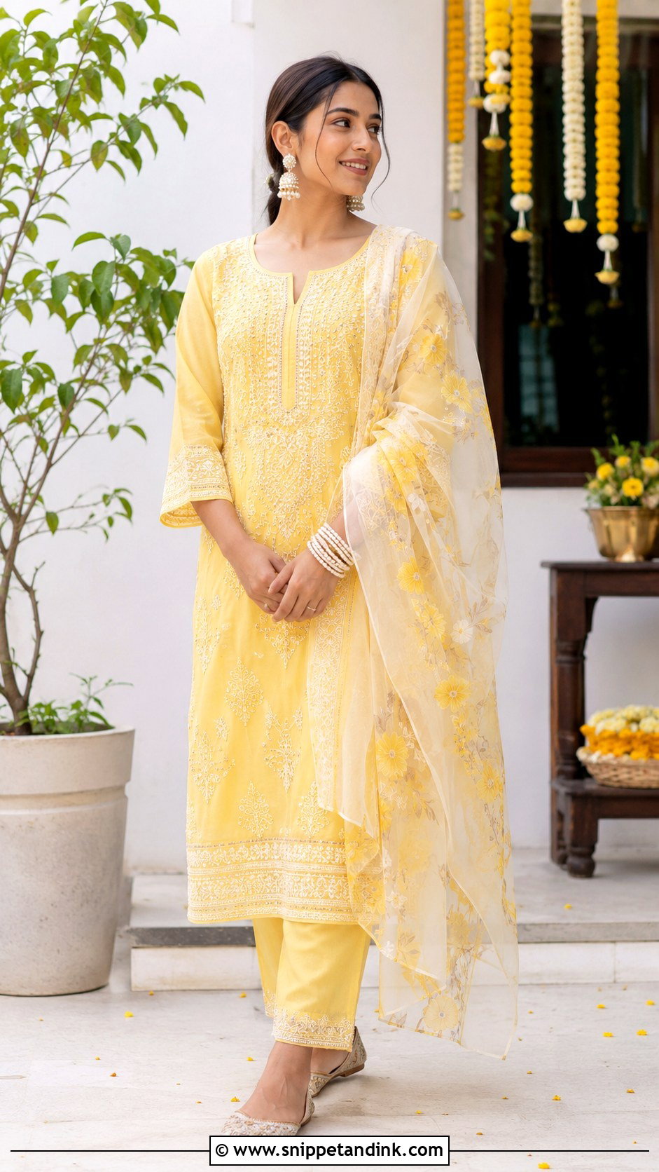 Yellow Chikankari Kurta Set for Sister - Snippet and Ink - 20 Yellow Haldi Ceremony Outfit for Sister Ideas