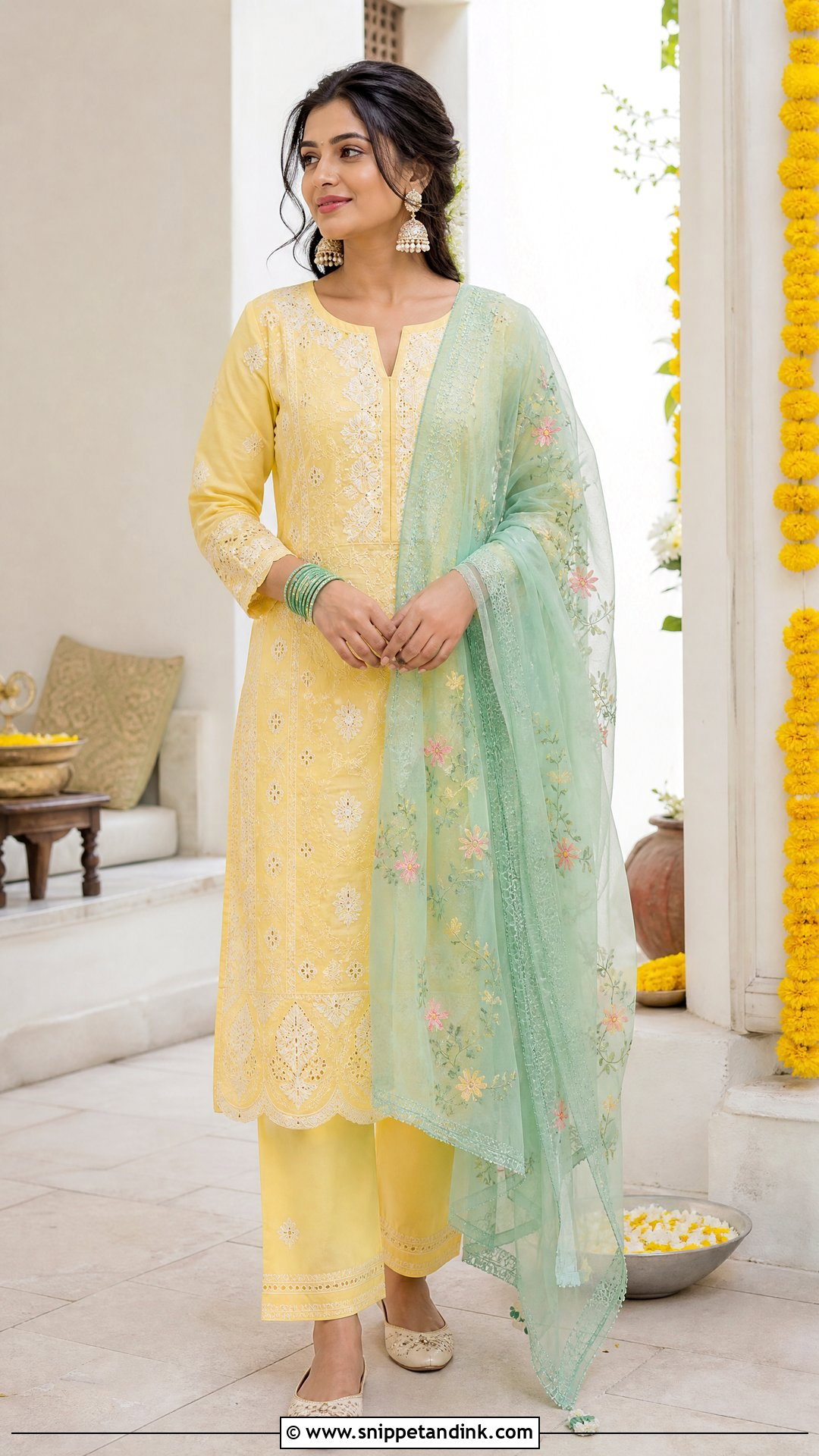Yellow Chikankari Suit With Mint Dupatta - Snippet and Ink - 20 Yellow Contrast Color Dress for Haldi Ideas