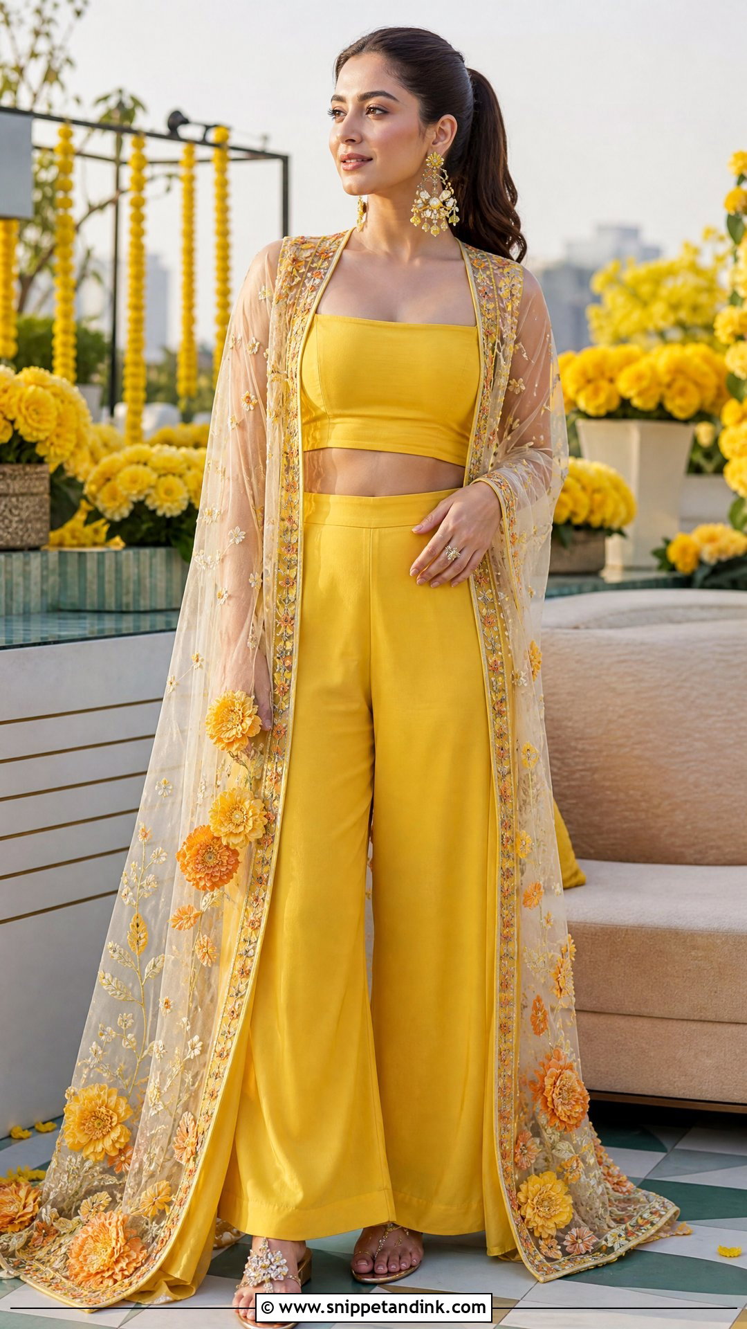 Yellow Co Ord Set With Cape Haldi Outfit - Snippet and Ink - 20 Simple Haldi Ceremony Outfit for Sister Ideas