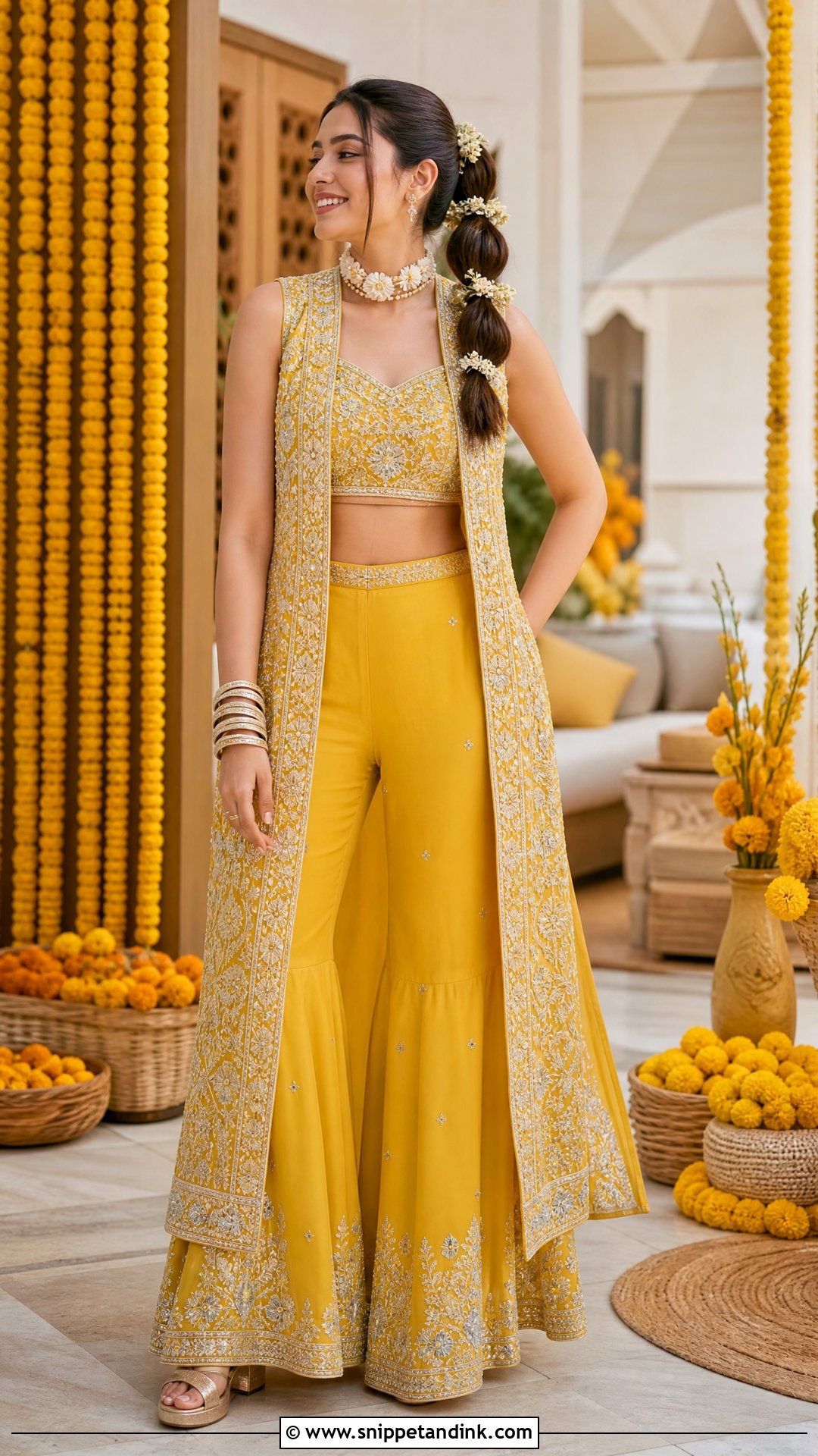 Yellow Co Ord Set With Long Jacket - Snippet and Ink - 20 Western Pithi Outfit Brides Ideas