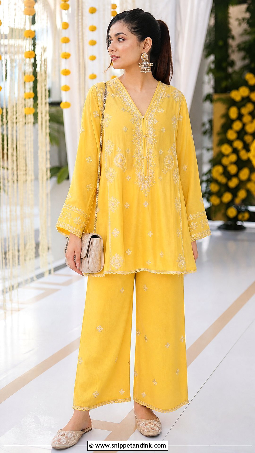 Yellow Co Ord Set With Statement Earrings - Snippet and Ink - 25 Simple Yellow Dress for Haldi Function Ideas