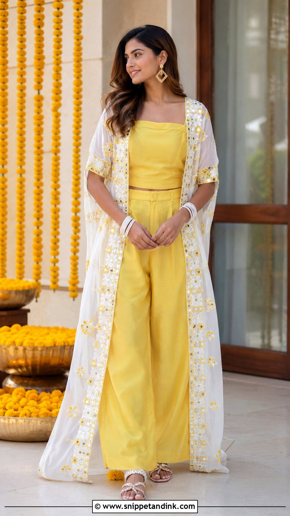 Yellow Co Ord Set With White Embroidered Cape - Snippet and Ink - 20 White and Yellow Haldi Outfit Ideas