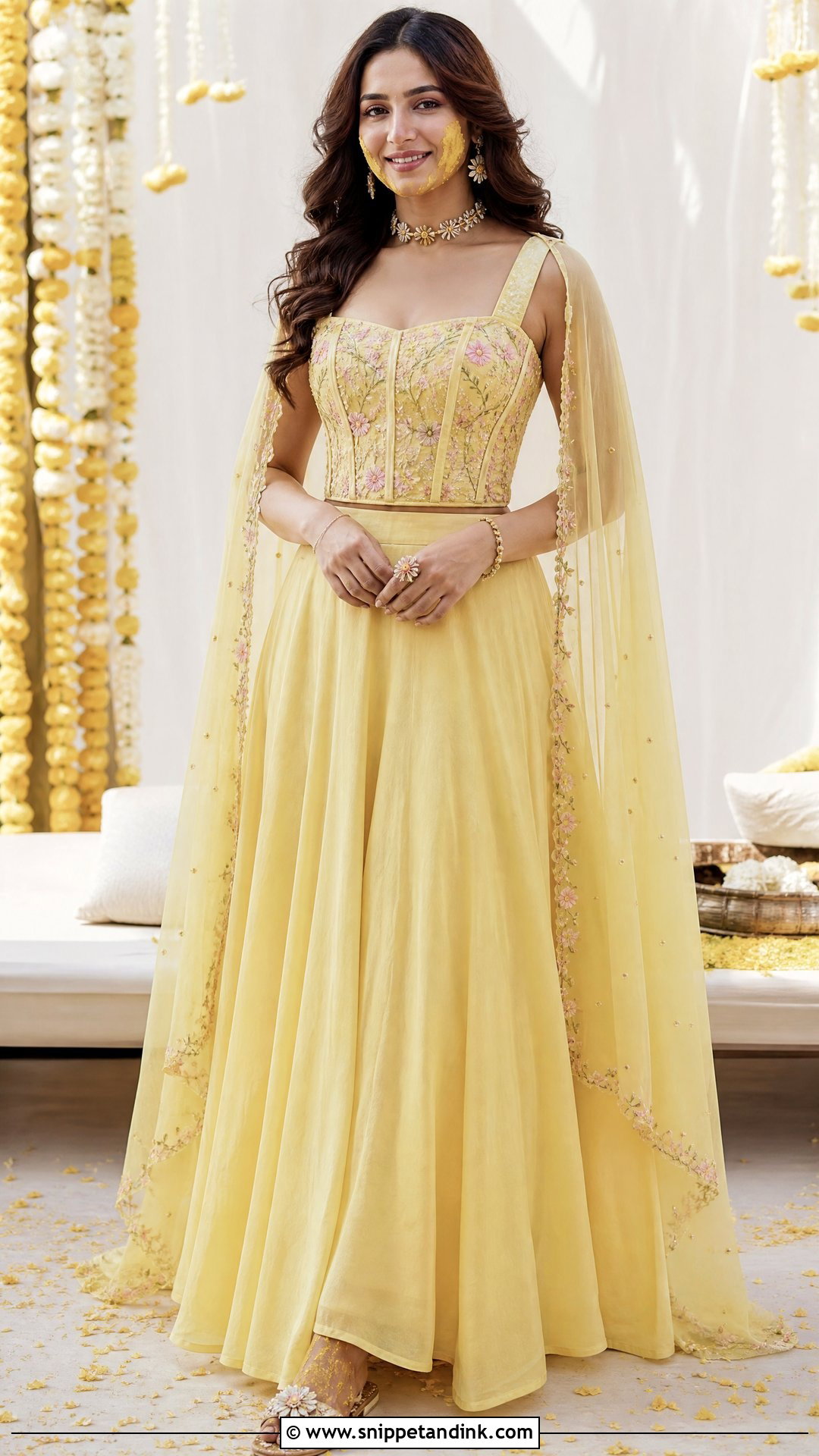 Yellow Corset Top With Flowing Skirt - Snippet and Ink - 20 Western Pithi Outfit Brides Ideas