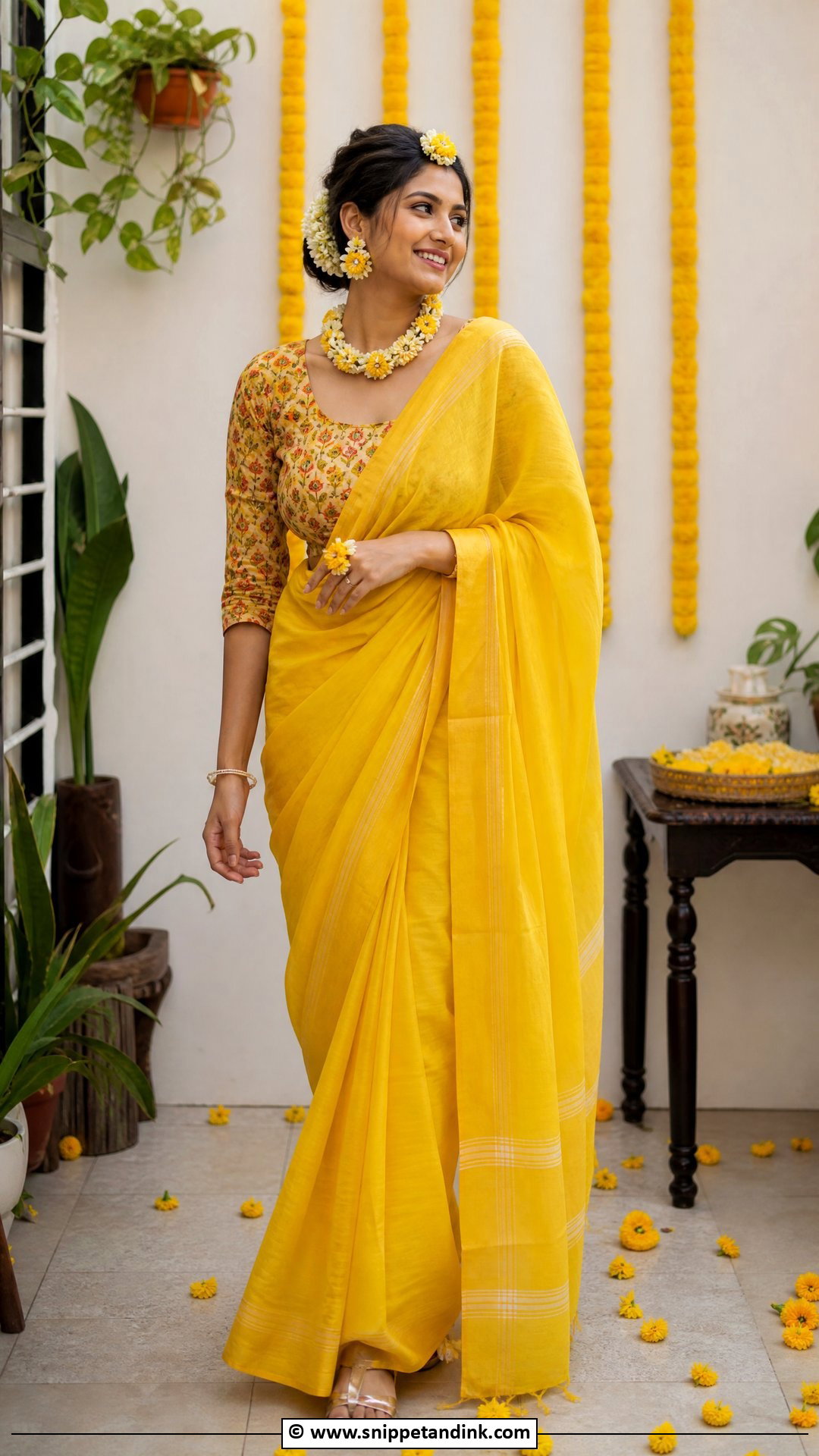 Yellow Cotton Saree For Haldi Ceremony - Snippet and Ink - 35 Haldi Ceremony Outfit for Bride Ideas