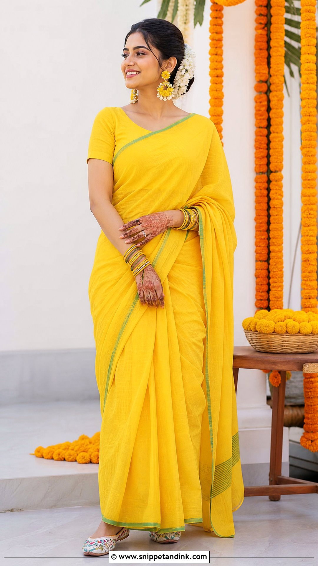 Yellow Cotton Saree Haldi Outfit - Snippet and Ink - 25 Simple Haldi Outfit for Bride Ideas