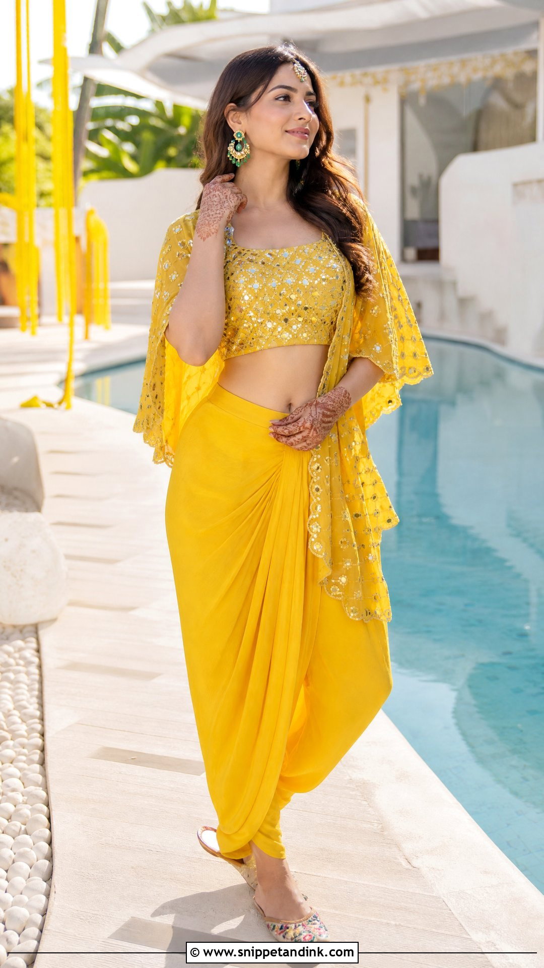Yellow Crop Top And Dhoti Pants Mehndi Outfit - Snippet and Ink - 25 Mehndi Function Dress Outfit for Bride Ideas