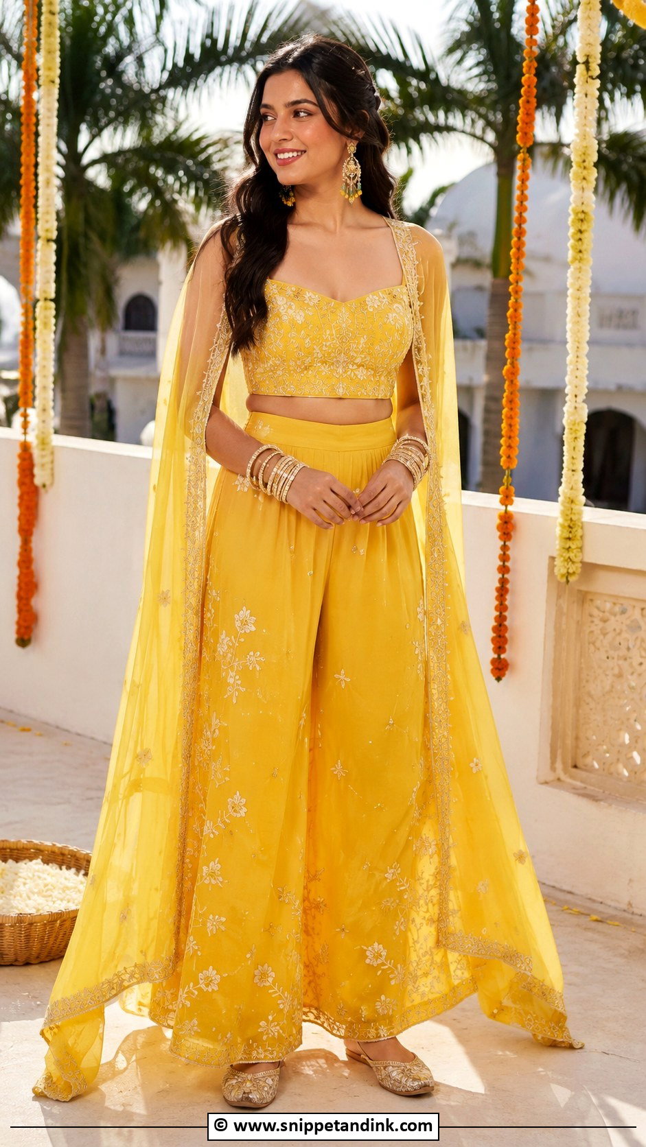 Yellow Crop Top And Palazzo Set For Haldi - Snippet and Ink - 30 Indian Haldi Ceremony Outfit for Sister Ideas