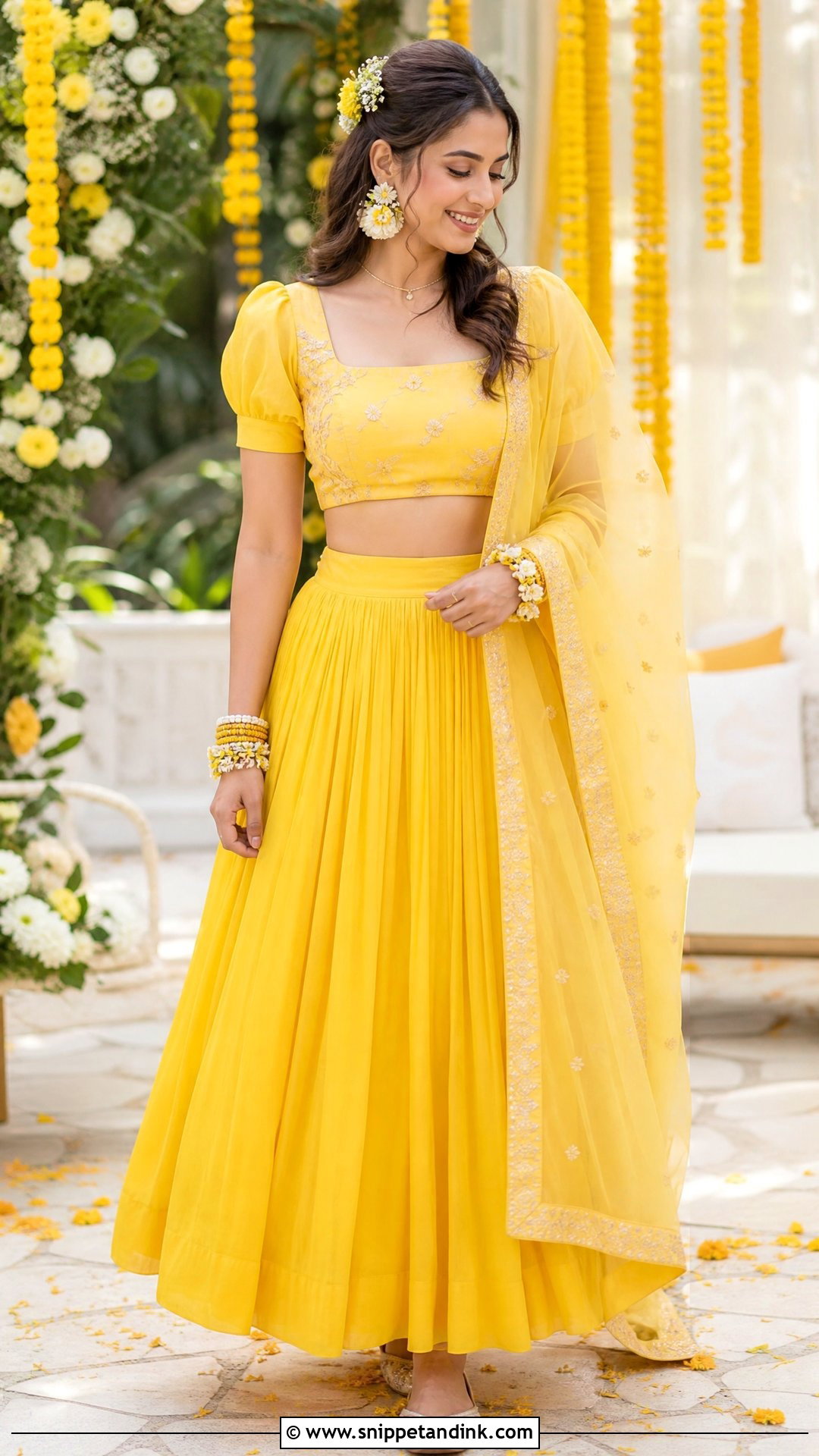 Yellow Crop Top And Skirt Haldi Outfit - Snippet and Ink - 25 Simple Haldi Outfit for Bride Ideas