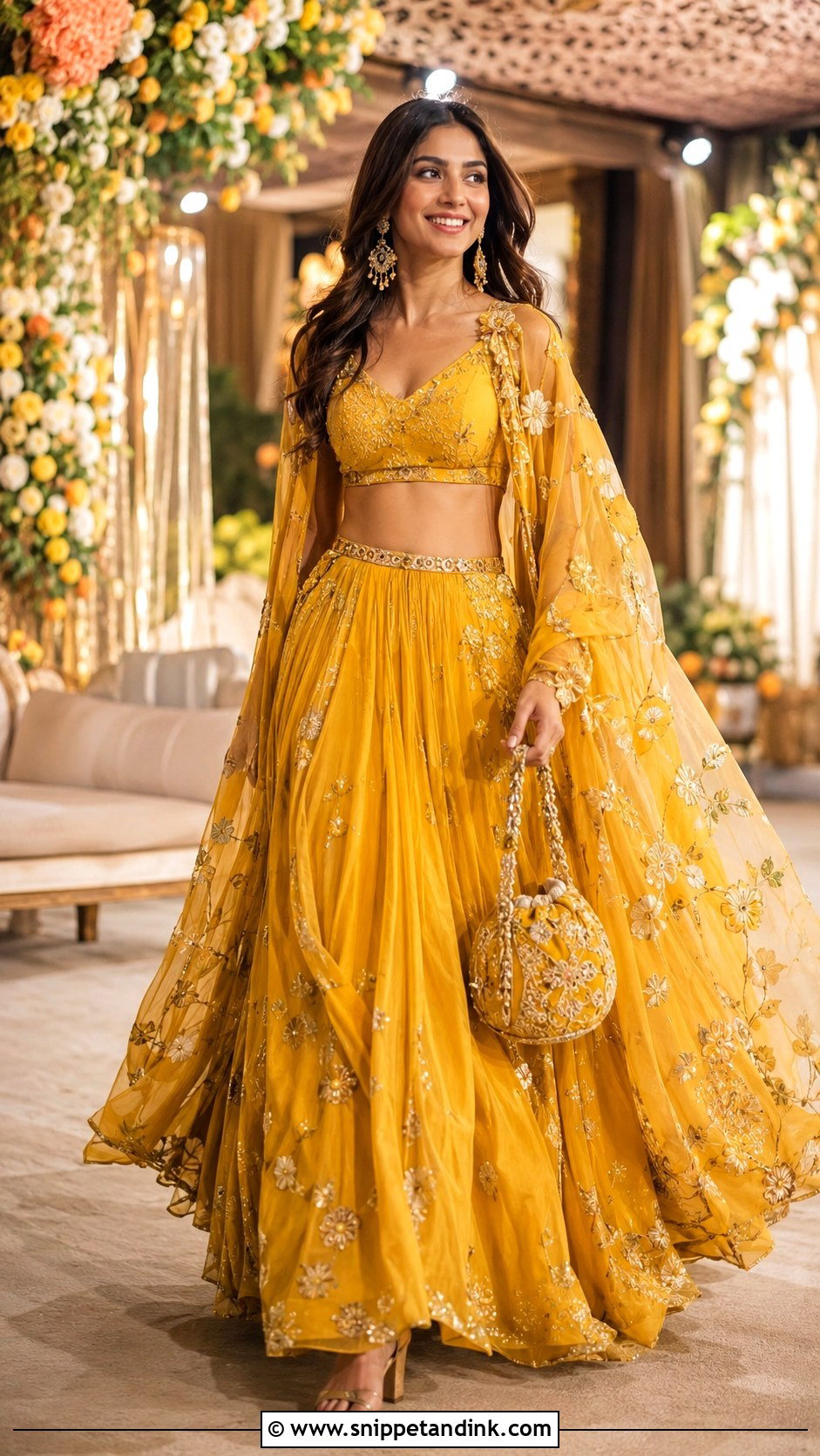 Yellow Crop Top Skirt And Cape For Haldi - Snippet and Ink - 20 Haldi Night Outfit Ideas